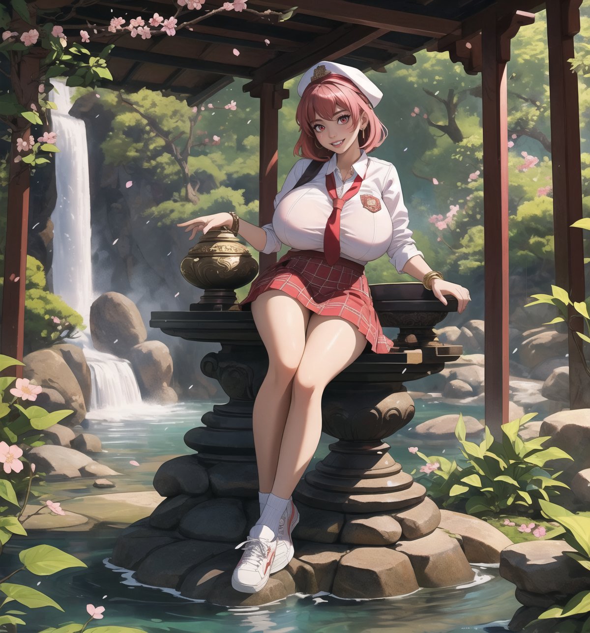 An ultra-detailed 16K masterpiece with mystical and enchanting styles, rendered in ultra-high resolution with realistic details. | Sakura, a young 23-year-old woman with huge breasts, is dressed in a schoolgirl uniform consisting of a white blouse, red and white plaid skirt, red tie and white sneakers. She also wears a white cap with the school emblem, gold cherry blossom earrings, red leather bracelets with metal details on the cuffs, and a red backpack. Her short pink hair is tousled in a modern, shaggy cut. Her red eyes are looking straight at the viewer, while she ((smiles and shows her teeth)), wearing bright red lipstick and war paint on her face. It is located in a temple in a waterfall with hot springs, with rock structures, wooden structures and an altar. The background of the scene shows tall, rugged mountains. It is raining heavily and the place is lit by lamps that create a mystical and enchanting atmosphere. | The image highlights Sakura's sensual figure and the temple's architectural elements. The rock and wooden structures, along with Sakura, the altar, the pillars and the mystical sculptures, create an enchanting and seductive environment. The lamps illuminate the scene, creating dramatic shadows and highlighting the details of the scene. | Soft, colorful lighting effects create a mystical and enchanting atmosphere, while rough, detailed textures on structures and costumes add realism to the image. | A sensual and enchanting scene of a young woman in a temple in a waterfall with hot springs, fusing elements of mystical and enchanting art. | (((The image reveals a full-body shot as Sakura assumes a sensual pose, engagingly leaning against a structure within the scene in an exciting manner. She takes on a sensual pose as she interacts, boldly leaning on a structure, leaning back and boldly throwing herself onto the structure, reclining back in an exhilarating way.))). | ((((full-body shot)))), ((perfect pose)), ((perfect limbs, perfect fingers, better hands, perfect hands, hands))++, ((perfect legs, perfect feet))++, ((huge breasts)), ((perfect design)), ((perfect composition)), ((very detailed scene, very detailed background, perfect layout, correct imperfections)), Enhance++, Ultra details++, More Detail++