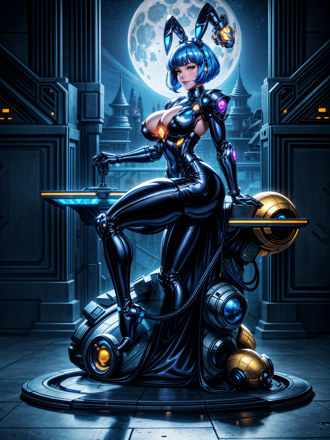 A woman, wearing black rabbit robotic costume with blue parts+mecha costume with bright lights+golden armor, gigantic+firm breasts, blue hair, very short hair, chanel hair with bangs, bangs in front of the eyes, rabbit ears helmet on the head, looking at the viewer, (((erotic pose interacting and leaning on an object)))), in a cybernetic temple with machines,  altars, robots, teleportation, mountain backgrounds made of cybernetic style metal at night with a moon made of metal at the top right, ((full body):1.5). 16k, UHD, best possible quality, ((best possible detail):1), best possible resolution, Unreal Engine 5, professional photography, ((Super Metroid)), perfect_hands