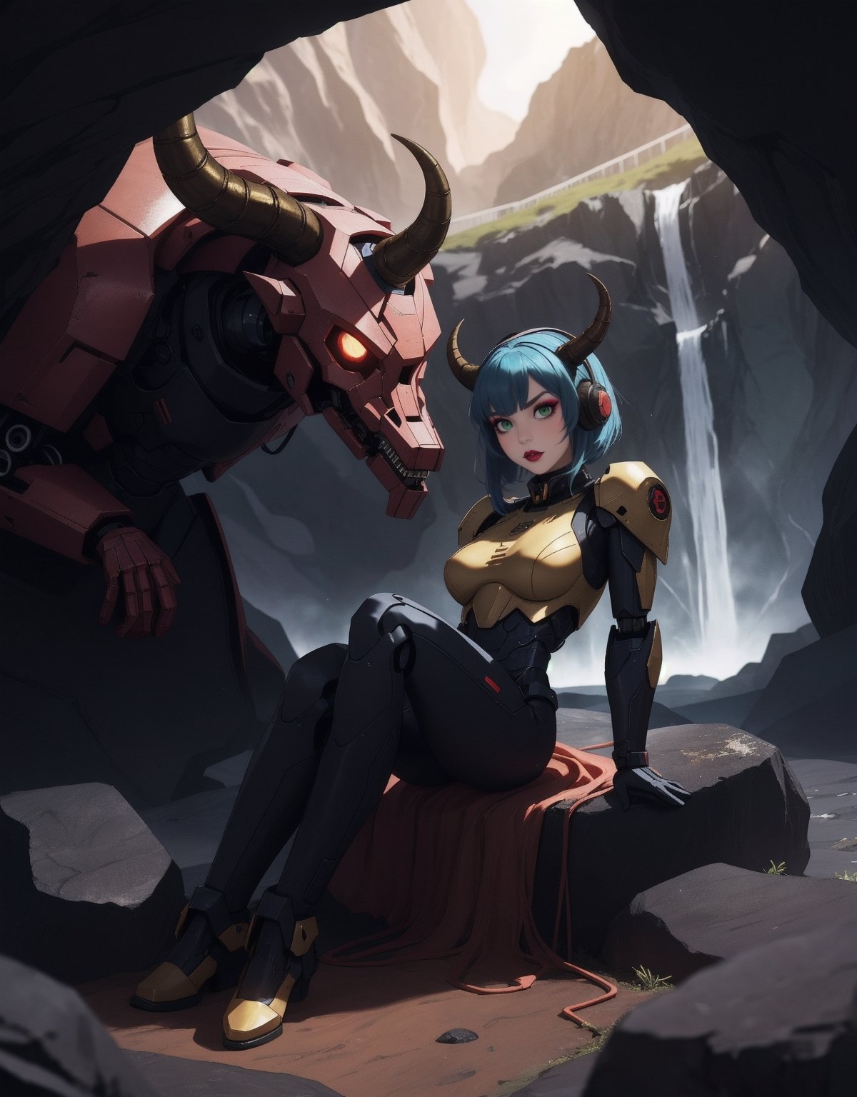 Quality in 16K, Super Metroid-style combined with futuristic elements. | In a volcanic cave filled with rocky and technological structures, a beautiful demon woman, with large black horns and a completely black mecha musume outfit, is adopting a sensual pose. Leaning back in a sensual way, she stares directly at the viewer with a challenging and angry look. Short blue hair with a large fringe beside the right eye and two cybernetic hair clips add a distinctive touch. Golden triangular lights adorn the tight suit, while a large futuristic headphone complements the look. | Composition in a unique perspective, the camera very close to the character, highlighting all the details, from the furious facial expressions to the complexity of the suit. The cave is illuminated by a waterfall of volcanic lava, revealing rocky structures, technological machinery, and altars with demonic writings. Horned skulls thrown on the ground complete the hellish scenery. | Global lighting effects enhance the demonic characteristics of the character, providing maximum sharpness and resolution. | A challenging demon woman in a sensual pose in the volcanic cave. | She is adopting a ((sensual pose as interacts, boldly leaning on a large structure in the scene, leaning back in a sensual way, adding a unique touch to the scene.):1.3), ((full body image)), perfect hand, fingers, hand, perfect, better_hands, More Detail,