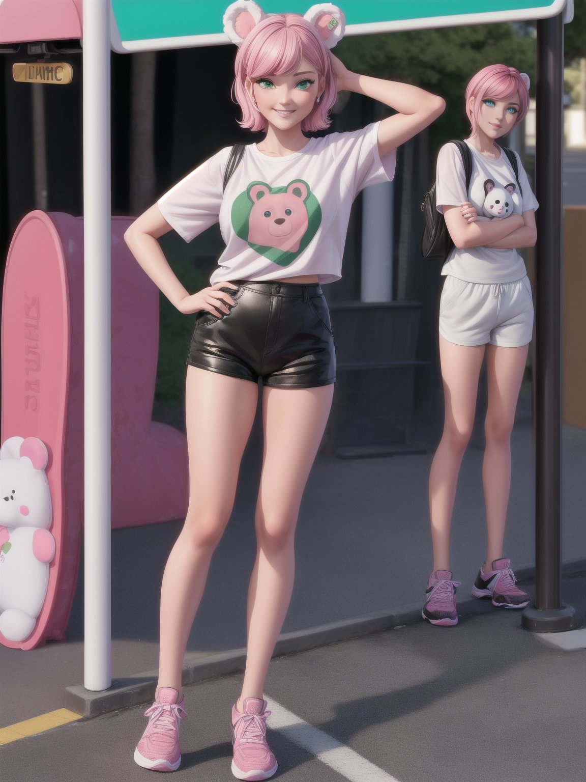 {((1woman)}, {((white t-shirt with teddy bear print, short black shorts)), ((pink hair, very short, green eyes)), ((looking at the viewer, doing sensual pose, holding, manic smile)), ((at a bus stop, in a line, several people, people waiting)}, ((full-body):1.5) , masterpiece, 16k, UHD, Better quality, better resolution, better detail