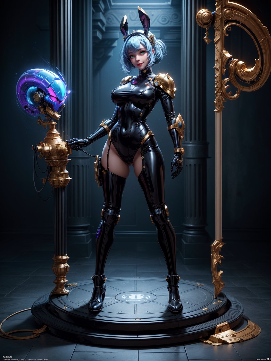 A woman, wearing black rabbit robotic costume with blue parts+wick costume with bright lights+golden armor, gigantic+firm breasts, blue hair, very short hair, chanel hair with bangs, bangs in front of the eyes, rabbit ears helmet on the head, looking at the viewer, ((((erotic pose interacting and leaning on an object))), in an ancient Greek temple with machines,   altars, robots, teleportation, ((full body):1.5). 16k, UHD, best possible quality, ((best possible detail):1), best possible resolution, Unreal Engine 5, professional photography, ((Super Metroid)), perfect_hands
