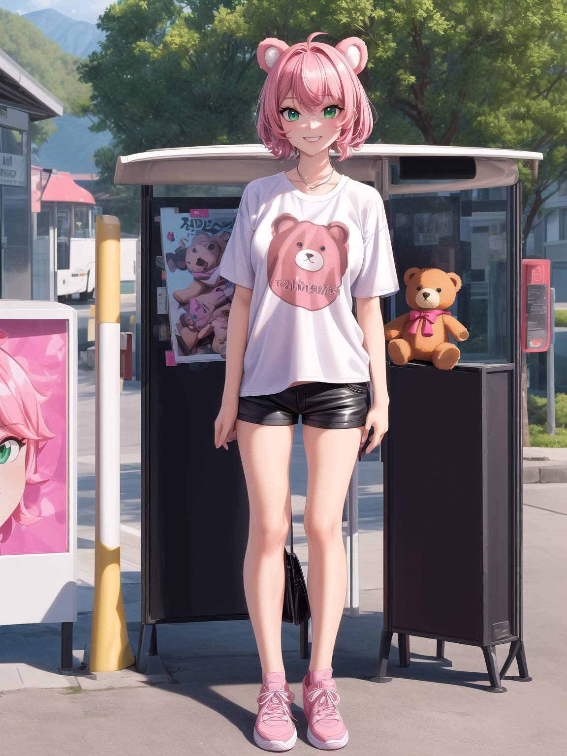 {((1woman))}, {((white t-shirt with teddy bear print, short black shorts)), ((pink hair, very short, green eyes)), ((looking at the viewer, doing sensual pose, holding, manic smile)), ((at a bus stop, in a line, people with different ethnicities, various people, people waiting)}, ((full-body):1.5), masterpiece,  16k, UHD, Better quality, better resolution, better detail