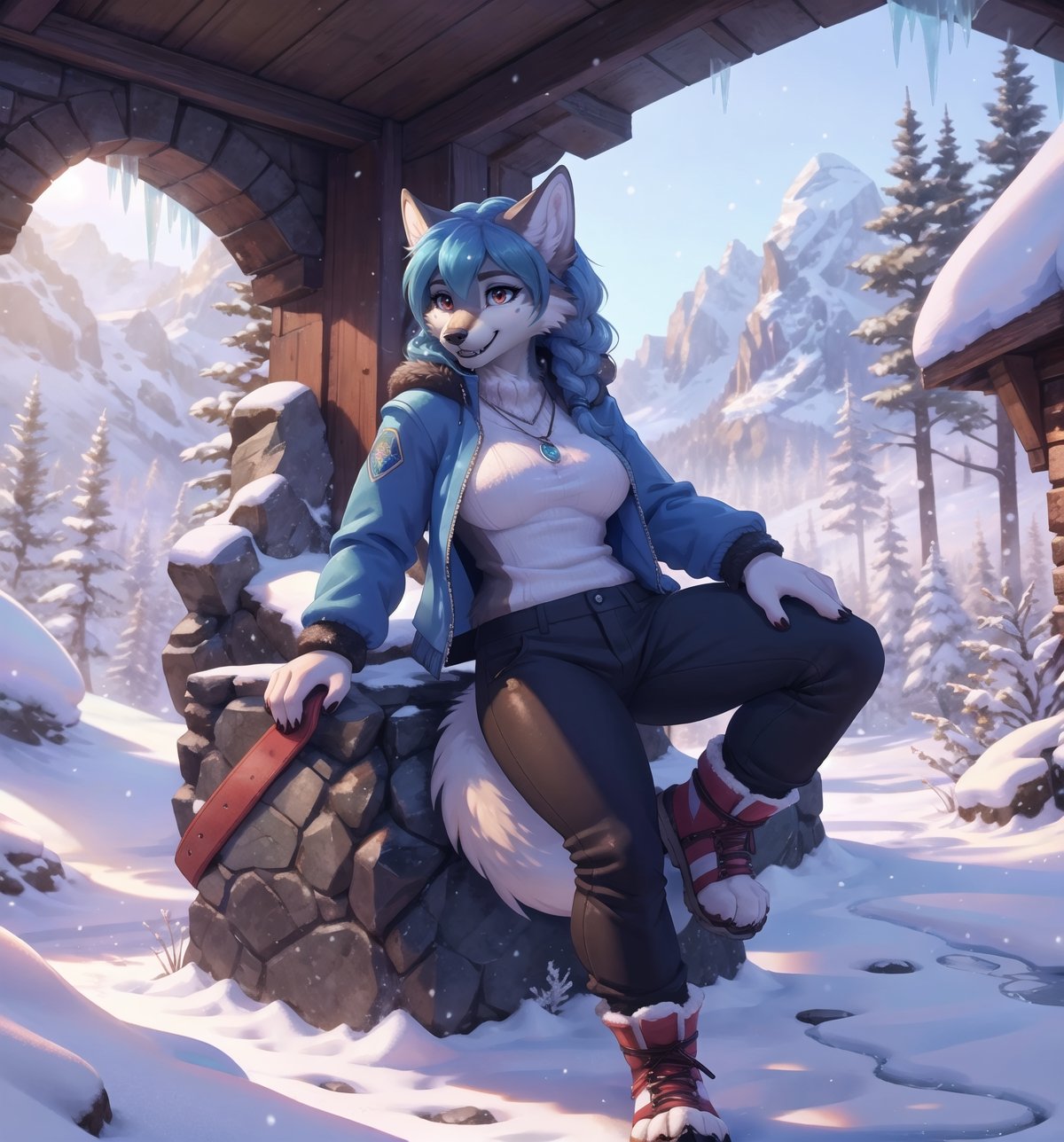 Image in a mystical frozen winter style with cheerful and casual details, rendered in 4K ultra-sharp. | Vallyna, a 33-year-old wolf woman, is positioned in a frozen cave with icicles hanging above her and snow covering the ground. She wears a feminine ski outfit, consisting of a blue ski jacket, black ski pants, and ski boots. Her blue hair is in a long cut with a braid on the left side and a large bang, while her red eyes stare fixedly at the viewer with a happy and casual expression. She smiles, showing her sharp teeth, and has drool dripping from her mouth, suggesting a scene of intense excitement. Her accessories include a silver necklace with a wolf pendant, leather wristbands, and a silver ring with a purple stone. | The composition of the image emphasizes Vallyna's imposing figure and the architectural elements of the cave. The stone and ice structures, along with Vallyna, the icicles, the mystical symbols, and the ice crystals, create a mystical and frozen environment. The natural lighting of the cave creates dramatic shadows and highlights the details of the scene. | Soft and cold lighting effects create a mystical and frozen atmosphere, while detailed textures on the stone, ice, and snow add realism to the image. | A cheerful and casual scene of Vallyna, a wolf woman, in a frozen cave with a hidden temple, blending mystical and winter elements. | (((((The image reveals a full-body_shot as she assumes a relaxed_pose, engagingly leaning against a structure within the scene in an relaxed manner. She takes on a relaxed_pose as she interacts, boldly leaning on a structure, leaning back in an relaxed way))))) | ((perfect anatomy, perfect body, perfect_pose)), ((full-body_shot)), ((perfect fingers, better hands, perfect hands, perfect legs, perfect feet)), ((((Bust size XL)))), ((firm_bust, perfect_bust)), ((perfect design)), ((correct errors):1.2), ((perfect composition)), ((very detailed scene, very detailed background, correct imperfections, perfect layout):1.2), ((More Detail, Enhance))