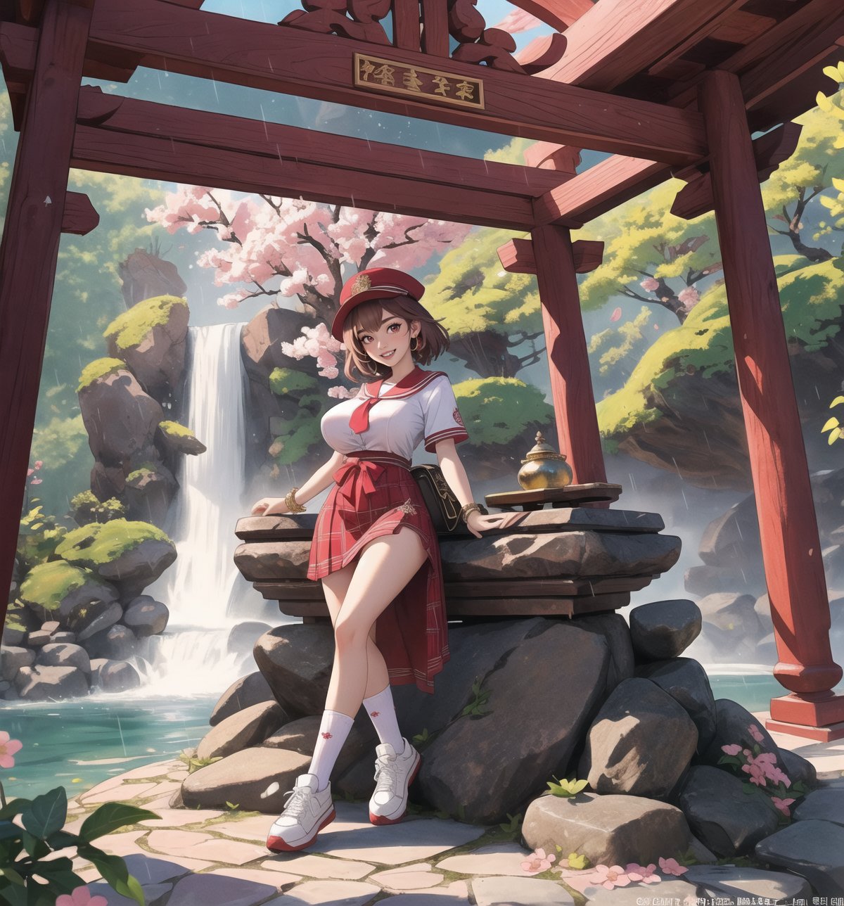 An ultra-detailed 16K masterpiece with mystical and enchanting styles, rendered in ultra-high resolution with realistic details. | Sakura, a young 23-year-old woman with huge breasts, is dressed in a schoolgirl uniform consisting of a white blouse, red and white plaid skirt, red tie and white sneakers. She also wears a white cap with the school emblem, gold cherry blossom earrings, red leather bracelets with metal details on the cuffs, and a red backpack. Her short pink hair is tousled in a modern, shaggy cut. Her red eyes are looking straight at the viewer, while she ((smiles and shows her teeth)), wearing bright red lipstick and war paint on her face. It is located in a temple in a waterfall with hot springs, with rock structures, wooden structures and an altar. The background of the scene shows tall, rugged mountains. It is raining heavily and the place is lit by lamps that create a mystical and enchanting atmosphere. | The image highlights Sakura's sensual figure and the temple's architectural elements. The rock and wooden structures, along with Sakura, the altar, the pillars and the mystical sculptures, create an enchanting and seductive environment. The lamps illuminate the scene, creating dramatic shadows and highlighting the details of the scene. | Soft, colorful lighting effects create a mystical and enchanting atmosphere, while rough, detailed textures on structures and costumes add realism to the image. | A sensual and enchanting scene of a young woman in a temple in a waterfall with hot springs, fusing elements of mystical and enchanting art. | (((The image reveals a full-body shot as Sakura assumes a sensual pose, engagingly leaning against a structure within the scene in an exciting manner. She takes on a sensual pose as she interacts, boldly leaning on a structure, leaning back and boldly throwing herself onto the structure, reclining back in an exhilarating way.))). | ((((full-body shot)))), ((perfect pose)), ((perfect limbs, perfect fingers, better hands, perfect hands, hands))++, ((perfect legs, perfect feet))++, ((huge breasts)), ((perfect design)), ((perfect composition)), ((very detailed scene, very detailed background, perfect layout, correct imperfections)), Enhance++, Ultra details++, More Detail++,