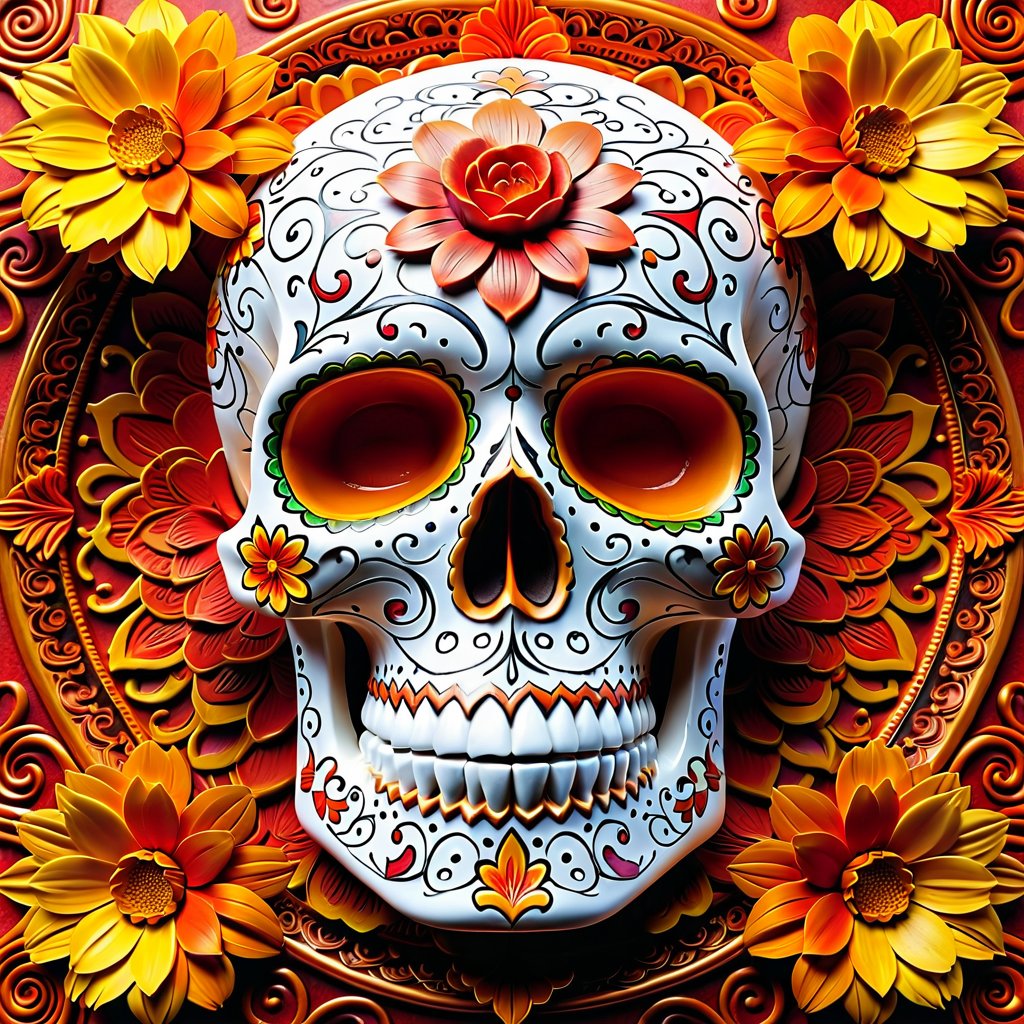 Create an image of a Day of the Dead sugar skull, vibrantly colored with intricate floral patterns. Surround the skull with marigold flowers, emphasizing the bright orange hues against the detailed skull design. The composition should be centered, with soft lighting highlighting the intricate details and the natural beauty of the marigold petals.