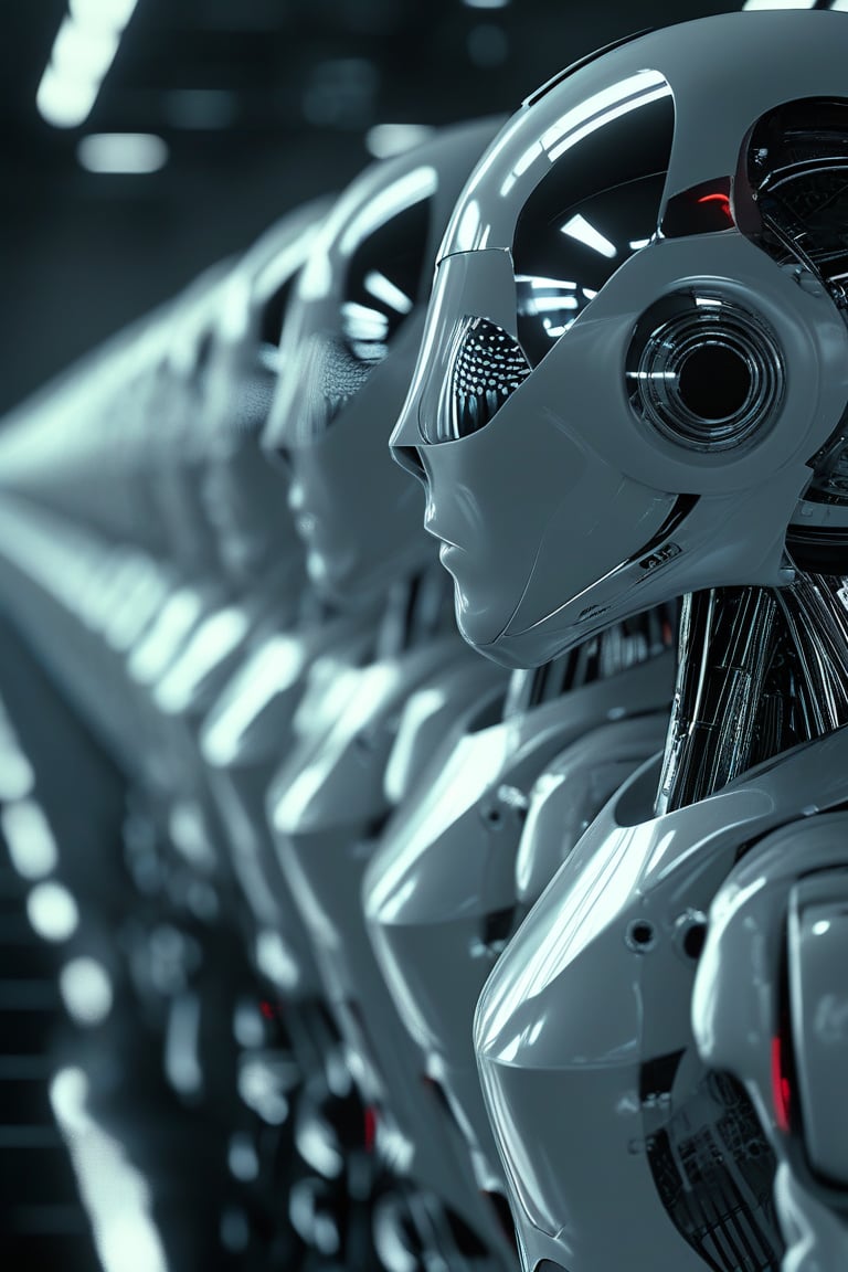 An intense cinematic shot of a row of sleek, metallic robotic heads, each with circular eyes and intricate detailing, positioned side by side in a futuristic setting. Their heads are turned towards a mysterious source of light, and they appear to be interacting with a shiny, reflective surface. The background is blurred, emphasizing the robots and creating a dark fantasy atmosphere., cinematic, dark fantasy