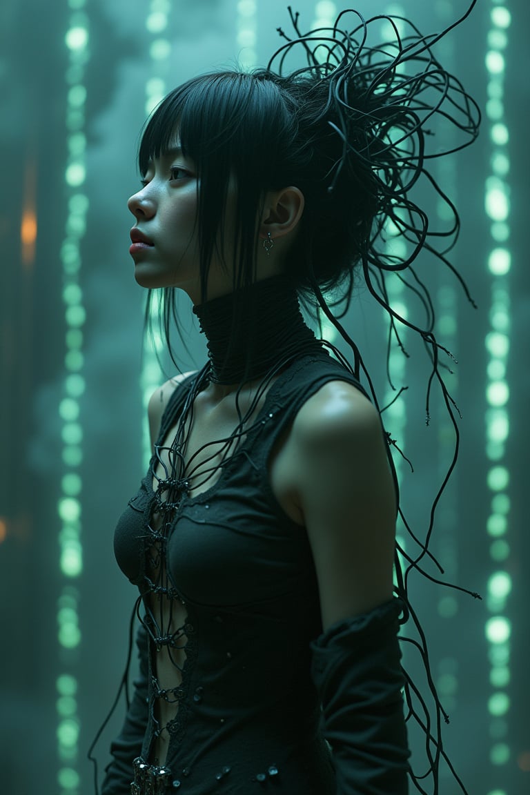 A cyberpunk and fantasy digital artwork of a young woman with pale skin and dark, intricate, vine-like tendrils and wires extending from her head and upper body. The woman has black hair and hair-like strands that merge with her form, appearing liquid-like and flowing outward in various directions. The background is a dimly lit, smoky atmosphere with vertical streams of digital code in shades of cyan and green. The lighting is soft and diffused, predominantly from the left side.