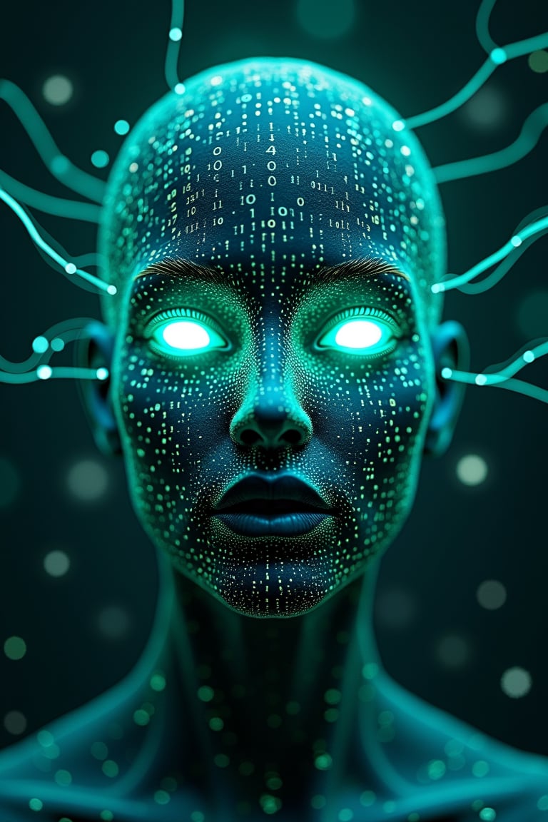 A highly detailed digital artwork portraying a close-up view of a human face, rendered in a futuristic cybernetic style with a strong sci-fi theme. The face is centered in the frame, filling most of the space, with a symmetrical composition. The skin is covered in a dense pattern of vibrant teal and cyan digital code made up of binary numbers and symbols, giving it a digital, robotic appearance. The eyes are particularly striking, glowing intensely with a bright cyan light, creating an eerie and otherworldly effect. The lips are slightly parted, colored in a deep teal tone that matches the rest of the face. Surrounding the head are abstract, wire-like tendrils extending outward, resembling neural network connections or electrical circuits. These tendrils are made of glowing teal lines and small light points, intertwining and extending outward, enhancing the sense of connectivity and interactivity. The background is dark and blurred, featuring swirling patterns and additional light trails, which contrast sharply with the illuminated face and enhance its prominence. The overall color palette consists of various shades of cyan and teal, with high contrast and saturation, contributing to the futuristic and mysterious mood of the image. The lighting is soft and diffused, emphasizing the textures and details of the face while casting subtle shadows that accentuate its features. The shallow depth of field keeps the focus entirely on the face, creating a sense of depth and intensity that enhances the digital transformation effect.