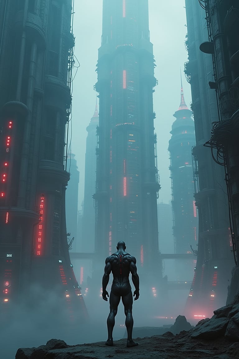 A photo of a towering, futuristic cityscape with skyscrapers densely packed together, emanating a radiant glow of red and blue lights. In the foreground, a humanoid figure stands, appearing muscular and metallic, with wires or cables connected to its body. The atmosphere is thick with a misty or smoky haze, adding to the dystopian or cyberpunk ambiance of the scene.