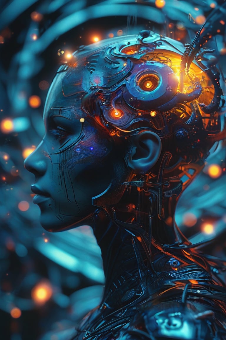 A cinematic poster with a dark fantasy setting. A humanoid figure with a side profile is interacting with a vibrant, spherical object emitting a kaleidoscope of colors and patterns. The humanoid's head has intricate mechanical and digital components, including gears, circuits, and luminous nodes. The deep blue background creates a sense of mystery, while the fusion of organic and artificial intelligence elements hints at the intersection of humanity and technology. The overall atmosphere is both mesmerizing and eerie, inviting viewers to explore the depths of this cybernetic world.