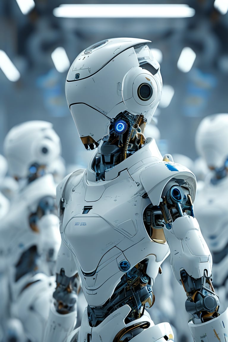 A stunning 3D render of an army of sleek, white robots with blue accents around their necks and eyes. They stand in perfect alignment in a futuristic factory or laboratory setting. Each robot has a humanoid design with two arms and two legs, exhibiting a blend of advanced technology and life-like features. Their compact, geometric forms contrast with the vast, blurred background, hinting at the immense scale of their environment. This captivating image has a cinematic quality, perfect for a movie poster, evoking a sense of awe and anticipation., poster, 3d render, cinematic