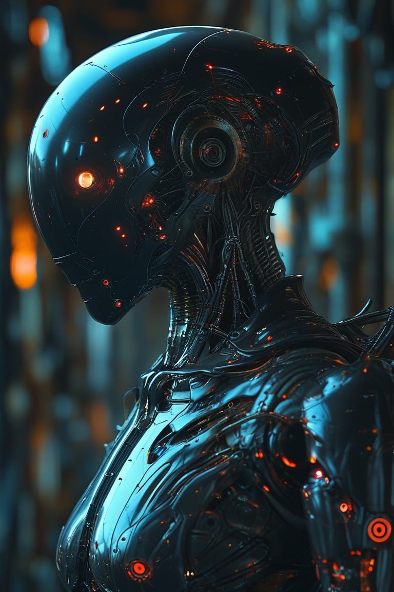 A striking dark fantasy poster featuring a humanoid robotic head with a sleek, matte finish. The robot's glowing red eyes pierce the surrounding darkness, casting an intense and eerie atmosphere. The muted blue background adds to the mysterious and captivating ambiance. The robot's neck and upper torso are visible, hinting at a full-body presence, while the rest remains obscured by the frame. This captivating image draws the viewer into the mysterious world of this robotic being., cinematic, poster, dark fantasy