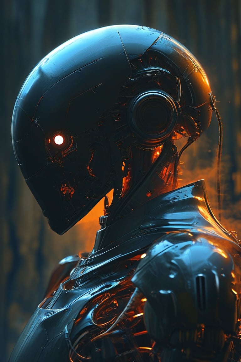 A striking dark fantasy poster featuring a humanoid robotic head with a sleek, matte finish. The robot's glowing red eyes pierce the surrounding darkness, casting an intense and eerie atmosphere. The muted blue background adds to the mysterious and captivating ambiance. The robot's neck and upper torso are visible, hinting at a full-body presence, while the rest remains obscured by the frame. This captivating image draws the viewer into the mysterious world of this robotic being., cinematic, poster, dark fantasy