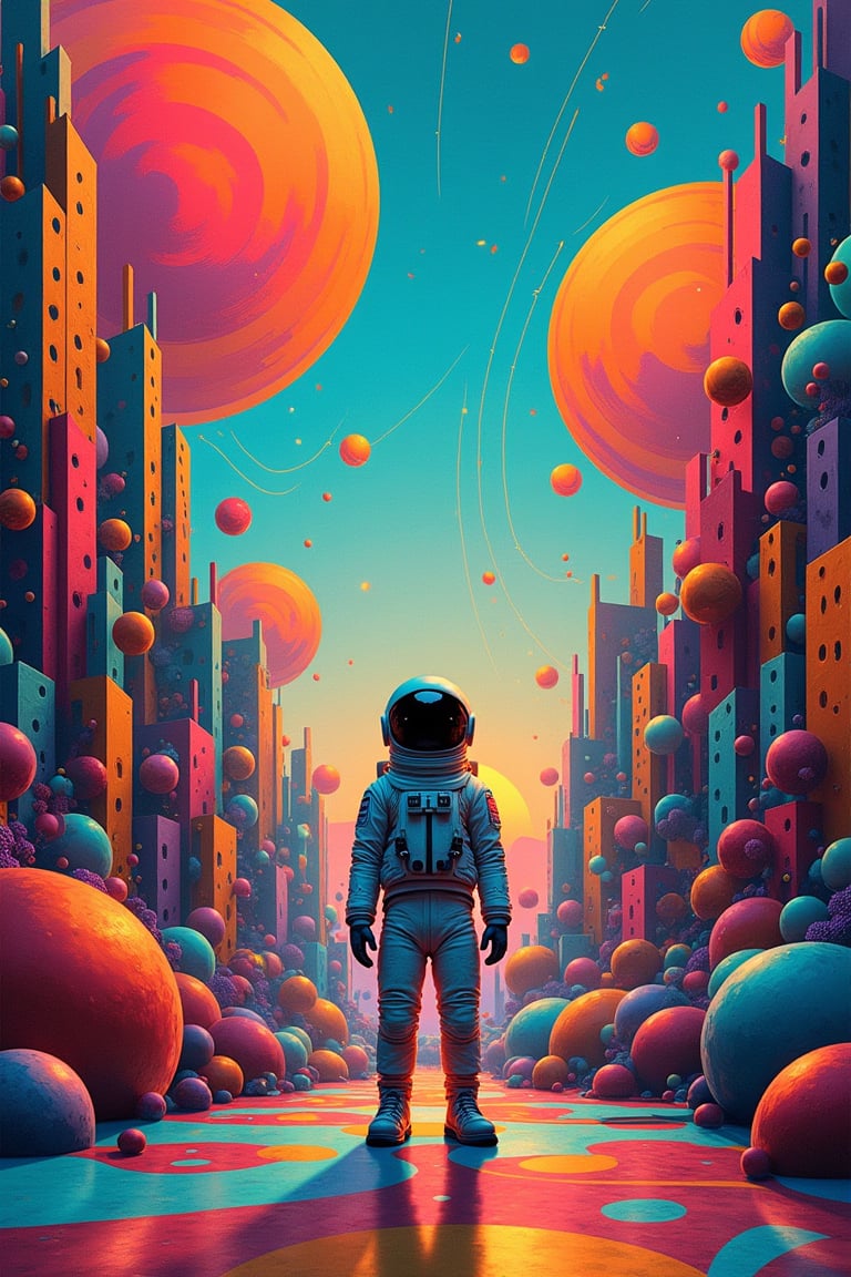 A photo of a vibrant, abstract cityscape composed of geometric shapes and swirling lines, reminiscent of a psychedelic dream. In the foreground, a lone astronaut stands, their helmet visor reflecting the kaleidoscopic world. The background contains a variety of shapes, including circles, triangles, and squares, in different colors. There are also swirling lines in various directions. The overall image has a surreal and dreamlike quality.