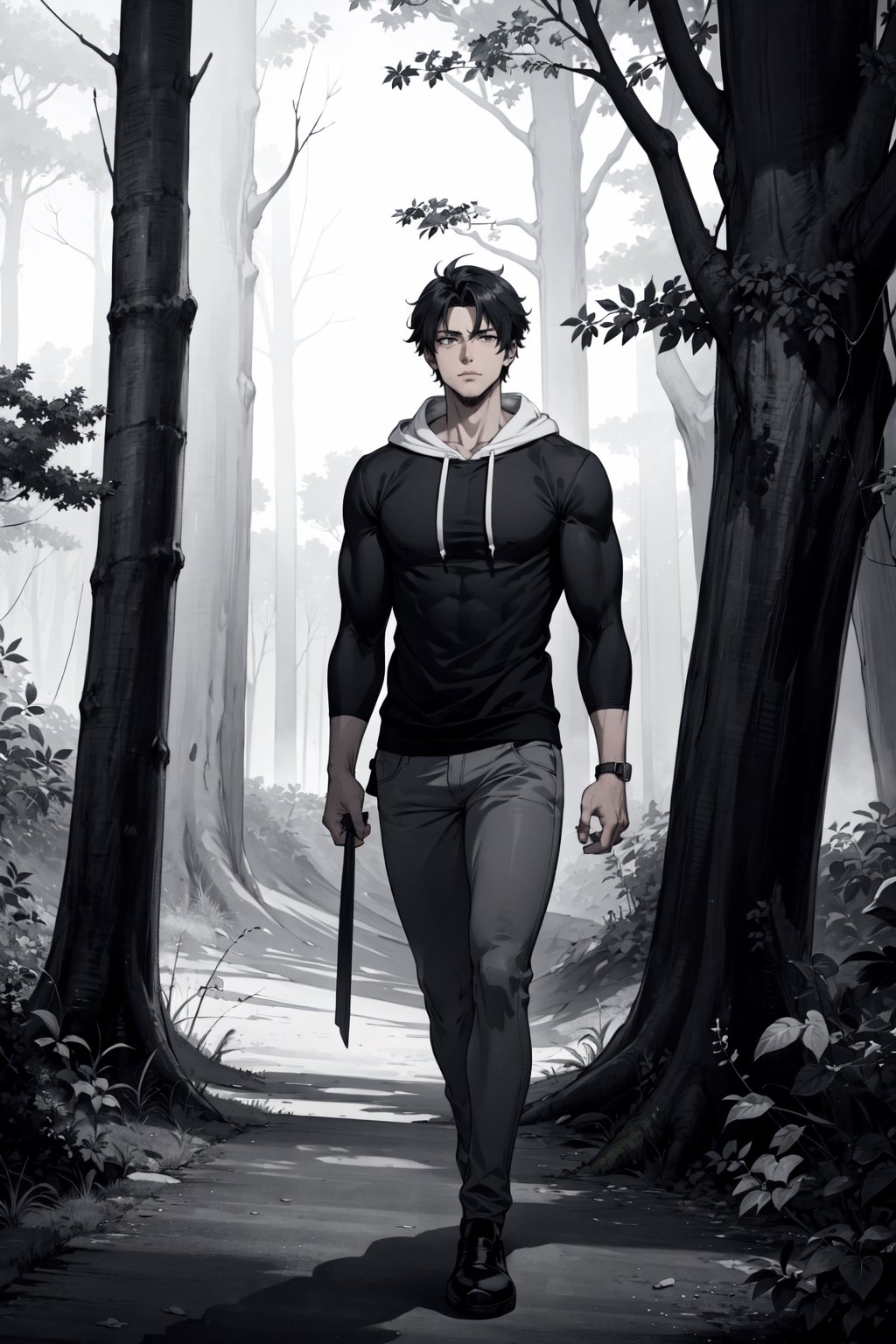 grayscale, detailed drawing, japanese manga, Panel shows Aiden walking through the forest, his hoodie pulled tightly around him to combat the chilly wind. The trees loom ominously above him, casting long shadows across the ground. The leaves rustle softly as he passes by. Aiden's eyes are wide with a mix of fear and exhilaration. His shirt sleeves are rolled up, revealing muscular forearms.