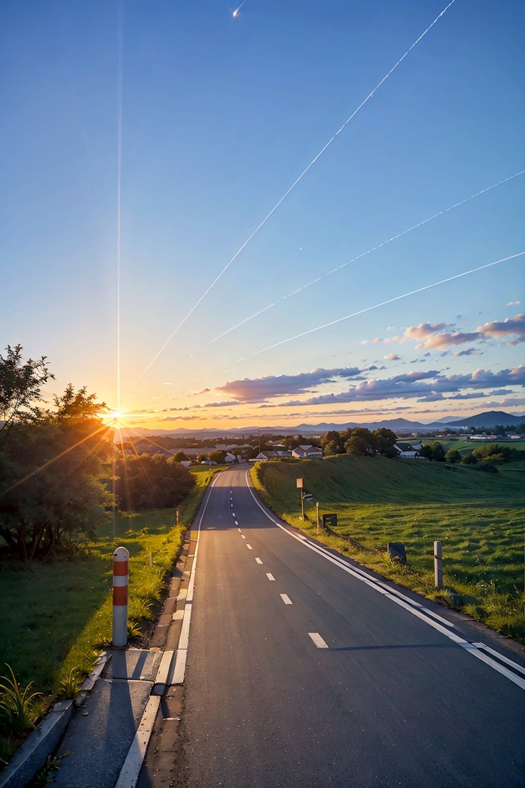 scenery, no_humans, sky, cloud, tree, outdoors, shooting_star, road, grass, mountain, star_\(sky\), nature, sunset, cloudy_sky, forest, starry_sky, path, sun, sunlight, landscape, blue_sky, mountainous_horizon, hill, horizon, river, lens_flare, diffraction_spikes, pine_tree, gradient_sky, sunrise, power_lines, night, twilight, field, rural, meteor_shower, blurry, comet, light_rays, day, plant, night_sky, evening, light_particles, orange_theme, depth_of_field, condensation_trail, utility_pole, orange_sky, lake, falling_star, water, dutch_angle, yellow_sky, bare_tree, meteor, multicolored, house, reflection, sunbeam, dusk, signature, valley, building, bush, blurry_foreground