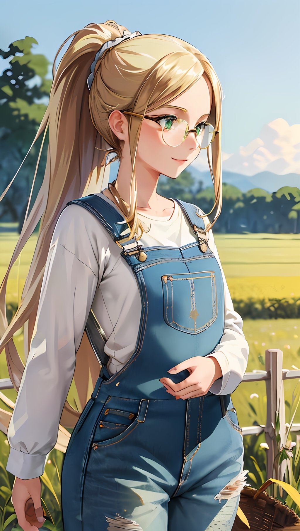 (masterpiece, best quality, elaborately crafted costumes, rich in details and textures, perfect anatomy, beautiful eyes, anime:1.25), (depth of field, dynamic angle, looking away:1.2), walking, cowboy shot, harvest, agriculture, (country roadside, field landscape:1.4), BREAK,a woman is 24 years old, ponytail, long hair, shiny hair, (blond hair:1.3), (green eyes:1.3), cheerful, Smile, BREAK,feminine (wearing that long sleeve white cut and sewn, denim overalls:1.25), (silver small oval glasses:1.3), basket, hoe,Detailedface,