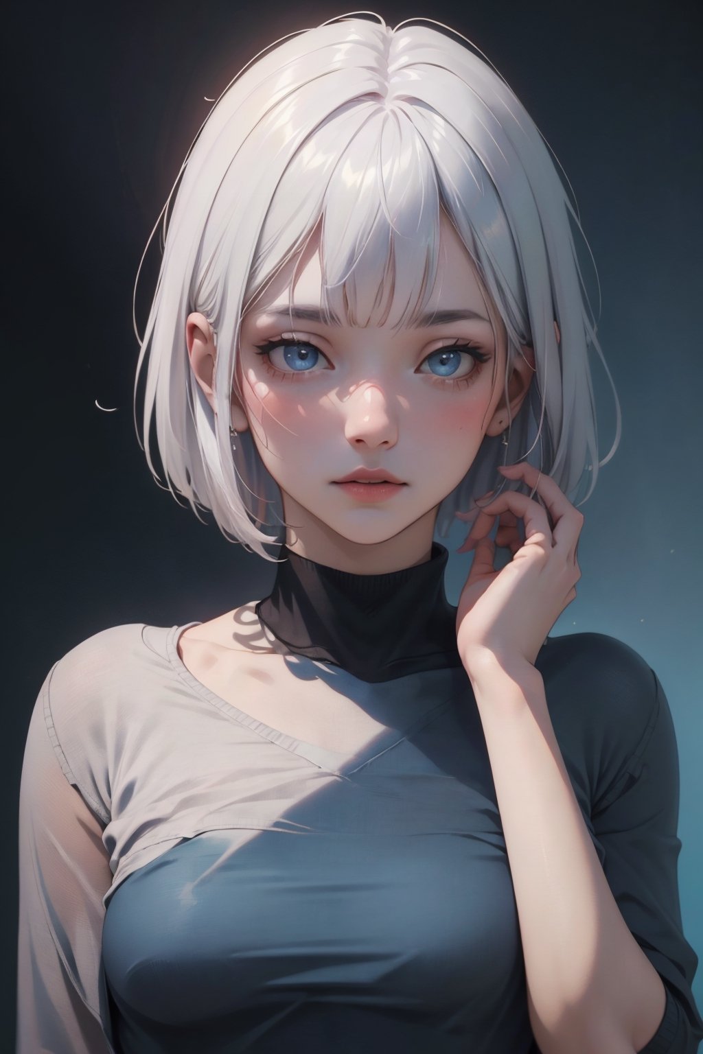 1girl, young:1.3 , hair silver short bob long, photo,8k,sharp focus, face beautiful, Best quality, masterpiece, ultra high res, (photorealistic:1.4), raw photo,  cinematic lighting, pullover shirt pink gradient blue