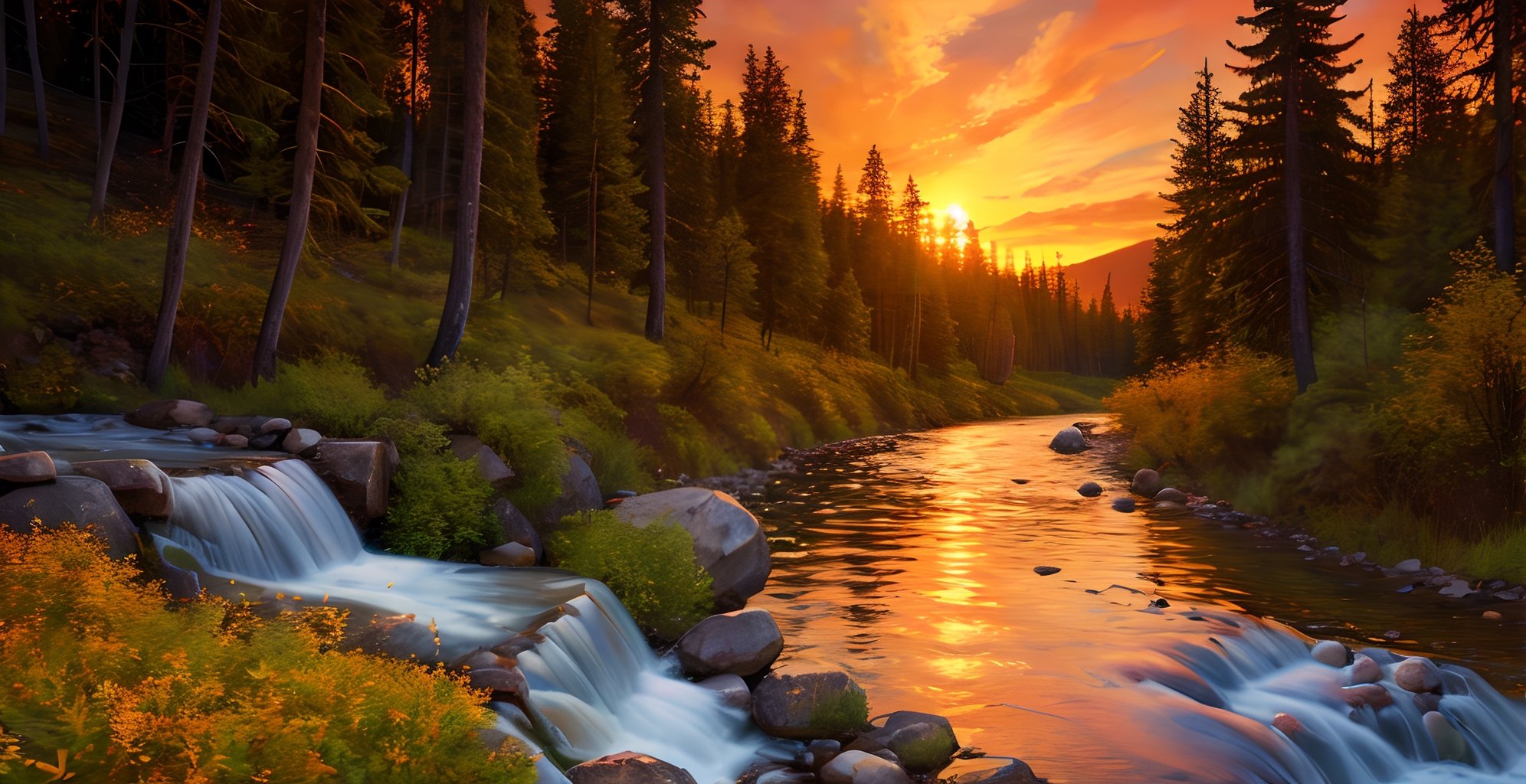 masterpiece, high quality, forest, sunset, river, salmon run,