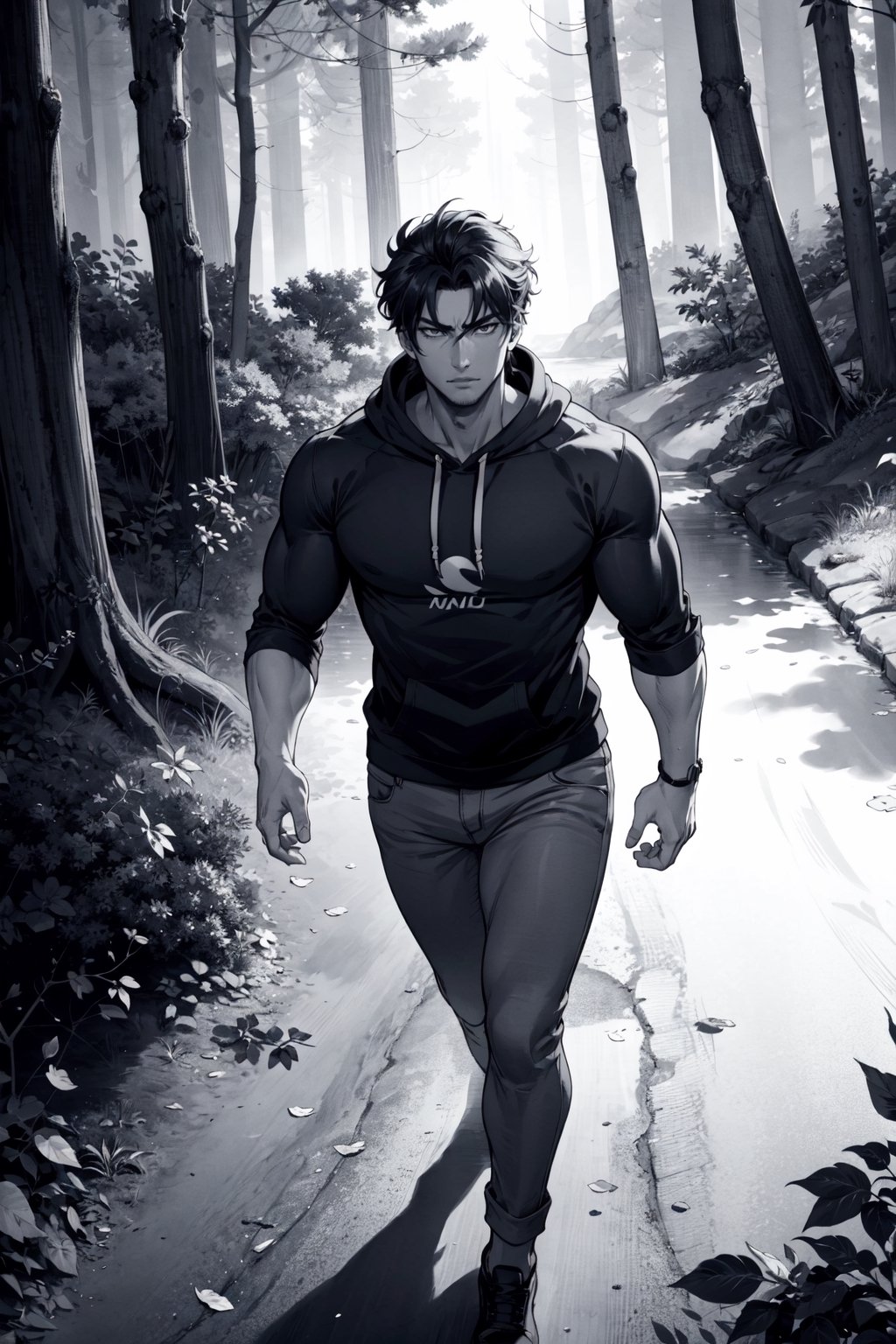 grayscale, detailed drawing, japanese manga, Panel shows Aiden walking through the forest, his hoodie pulled tightly around him to combat the chilly wind. The trees loom ominously above him, casting long shadows across the ground. The leaves rustle softly as he passes by. Aiden's eyes are wide with a mix of fear and exhilaration. His shirt sleeves are rolled up, revealing muscular forearms.