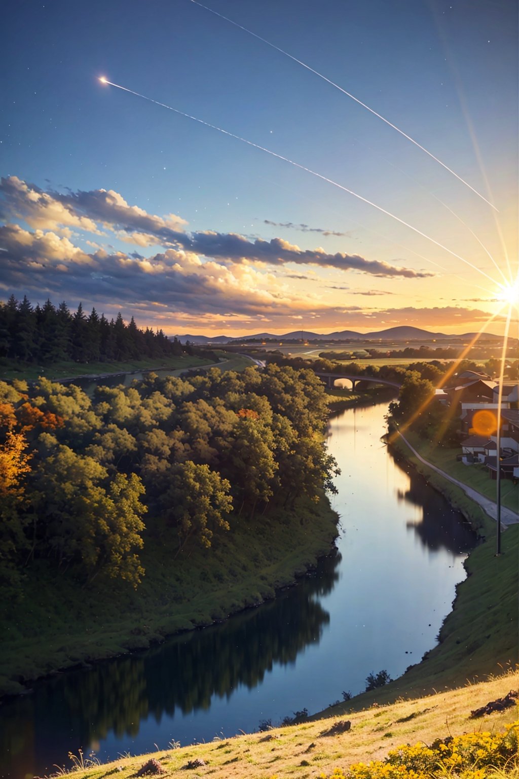 scenery, no_humans, sky, cloud, tree, outdoors, shooting_star, road, grass, mountain, star_\(sky\), nature, sunset, cloudy_sky, forest, starry_sky, path, sun, sunlight, landscape, blue_sky, mountainous_horizon, hill, horizon, river, lens_flare, diffraction_spikes, pine_tree, gradient_sky, sunrise, power_lines, night, twilight, field, rural, meteor_shower, blurry, comet, light_rays, day, plant, night_sky, evening, light_particles, orange_theme, depth_of_field, condensation_trail, utility_pole, orange_sky, lake, falling_star, water, dutch_angle, yellow_sky, bare_tree, meteor, multicolored, house, reflection, sunbeam, dusk, signature, valley, building, bush, blurry_foreground