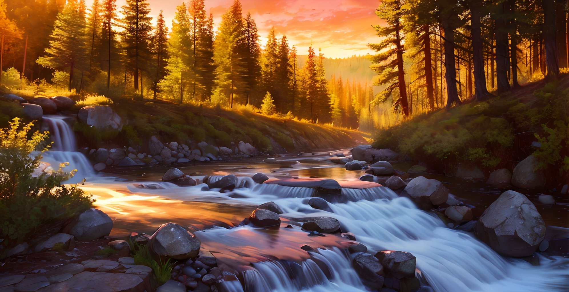 masterpiece, high quality, forest, sunset, river, salmon run,