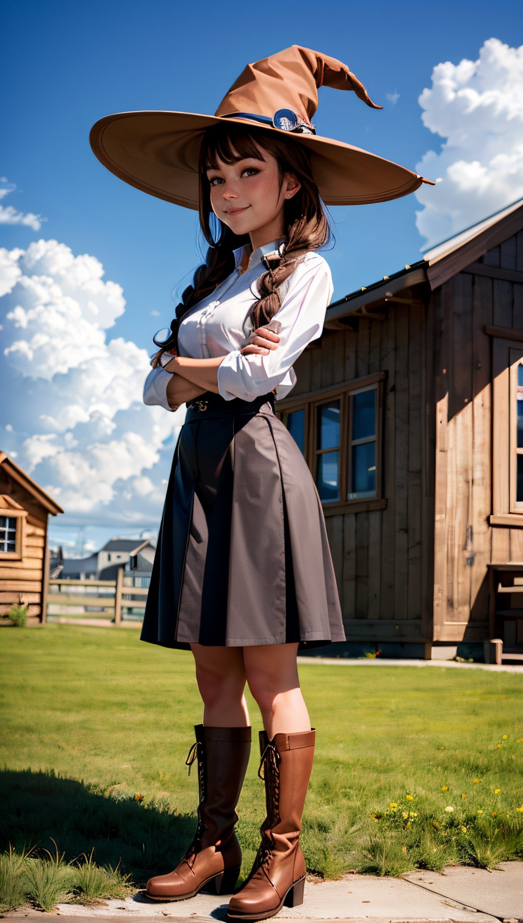 grass, 1girl, boots, solo, outdoors, day, sky, hat, crossed arms, cloud, blue sky, looking at viewer, brown eyes, skirt, brown footwear, braid, smile, standing, building, full body, closed mouth, witch hat, house, wooden fence, bangs, brown hair, blush, object hug, long hair, cloudy sky