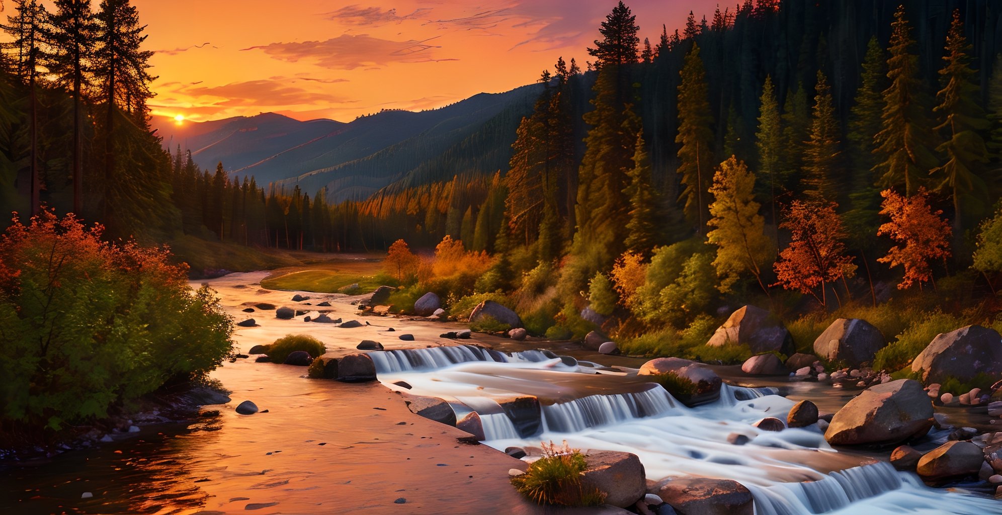 masterpiece, high quality, forest, sunset, river, salmon run,