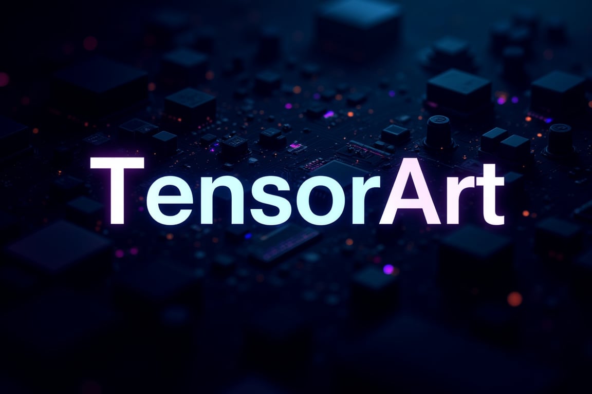 digital render of a logo, words \"TensorArt\" in big centered text with a futuristic font, tech theme, motherboard texture background, astroflux_v101