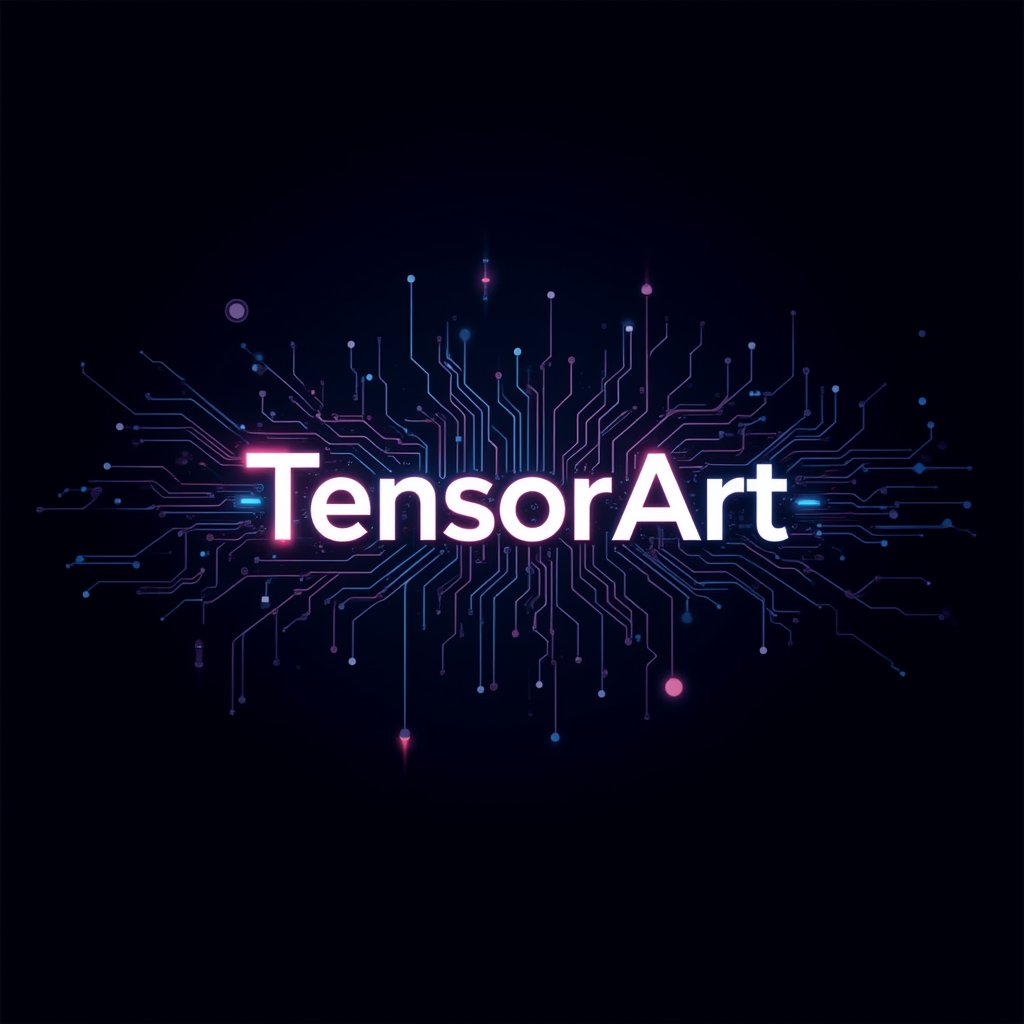 chibiflux_v101, | digital render of a logo, words \"TensorArt\" in big centered text with a futuristic font, tech theme, motherboard texture background, 