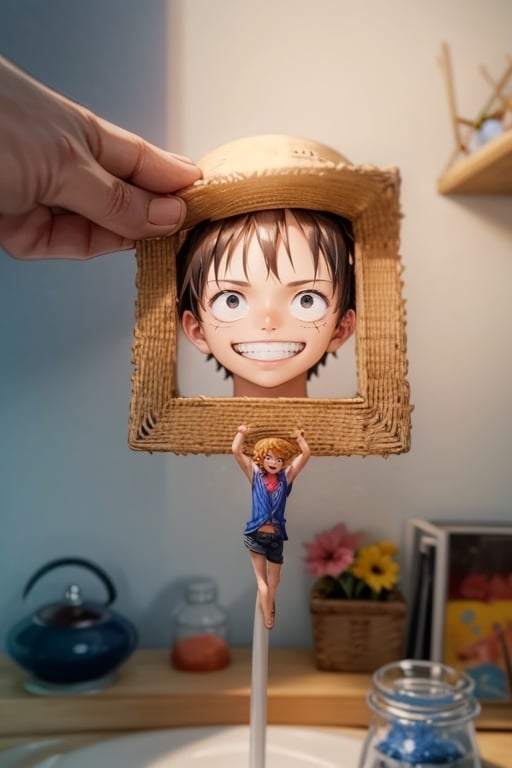 masterpiece, portrait of the face in the figurine in the hand, portrait of the character in the figurine held in the hand , foreground, 1utf1, straw hair, scar on face, scar under eye, big smile, 1utf1
straw hat
abs
scar on chest
red shirt
open clothes
open shirt
short hair
