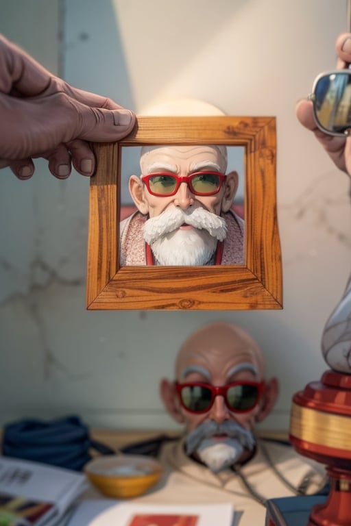 masterpiece, portrait of the face in the frame in the hand, portrait of the character in the frame held in the hand , foreground, perfect, k4k3k, beard, bald, old man, sunglasses
bag, chinese clothes
