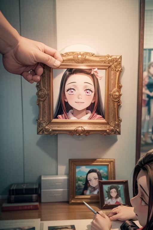 masterpiece, portrait of the face in the frame in the hand, portrait of the character in the frame held in the hand , foreground, nezuko, black hair, pink eyes,  forehead, perfect, nezuko, sexy, ecchi,