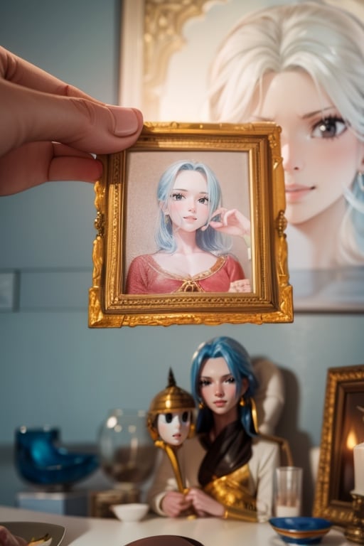 masterpiece, portrait of the face in the figurine in the hand, portrait of the character in the figurine held in the hand , foreground, NefertariViviV3, light blue hair, black eyes,  perfect