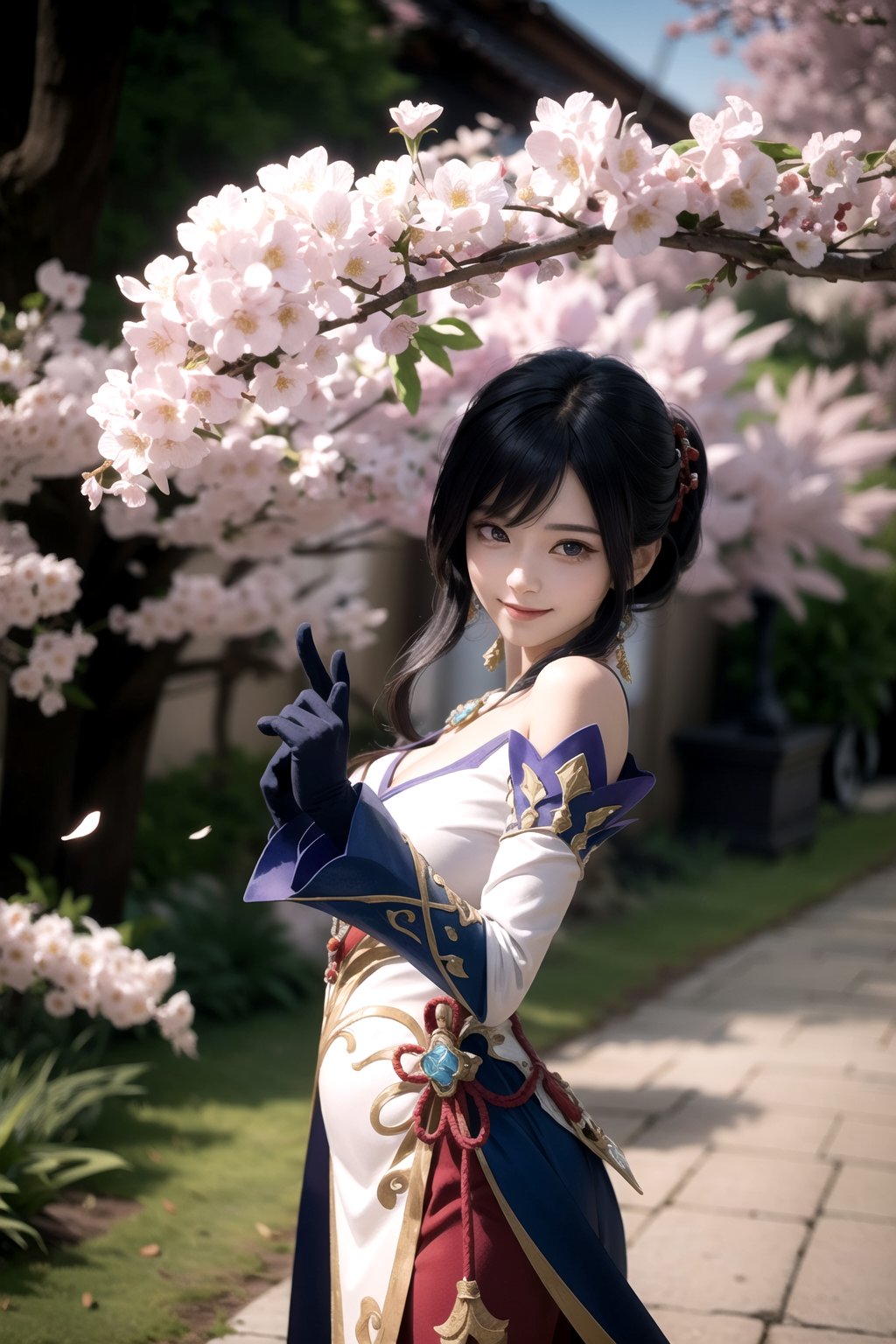 centered, ganyu (genshin impact), ganyu cosplay costume, white, black color hair, light purple iris, medium perky breasts, smiling, falling sakura leaves, bokeh, depth of field, hyper realism shadows, ((best quality)), ((masterpiece)), ((realistic:1.3)), (detailed:1.3), ultra high res, powerful pose ,photorealism:1.3, ((perfect hand)) ,raw photo:1.3, ultra detailed, beastialily,detailed skin, Highly detailed face and skin texture, detailed eyes, double eyelids,dynamic light, pose, far shot, perfect fingers anatomy, shrug