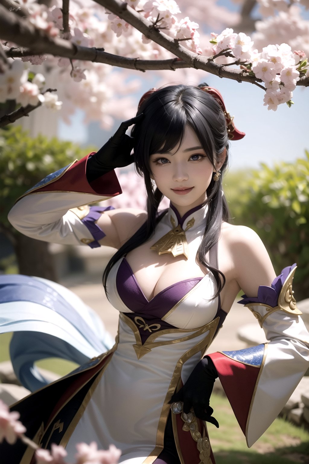 centered, ganyu (genshin impact), ganyu cosplay costume, white, black color hair, light purple iris, medium perky breasts, smiling, falling sakura leaves, bokeh, depth of field, hyper realism shadows, ((best quality)), ((masterpiece)), ((realistic:1.3)), (detailed:1.3), ultra high res, powerful pose ,photorealism:1.3, ((perfect hand)) ,raw photo:1.3, ultra detailed, beastialily,detailed skin, Highly detailed face and skin texture, detailed eyes, double eyelids,dynamic light, pose, far shot, perfect fingers anatomy