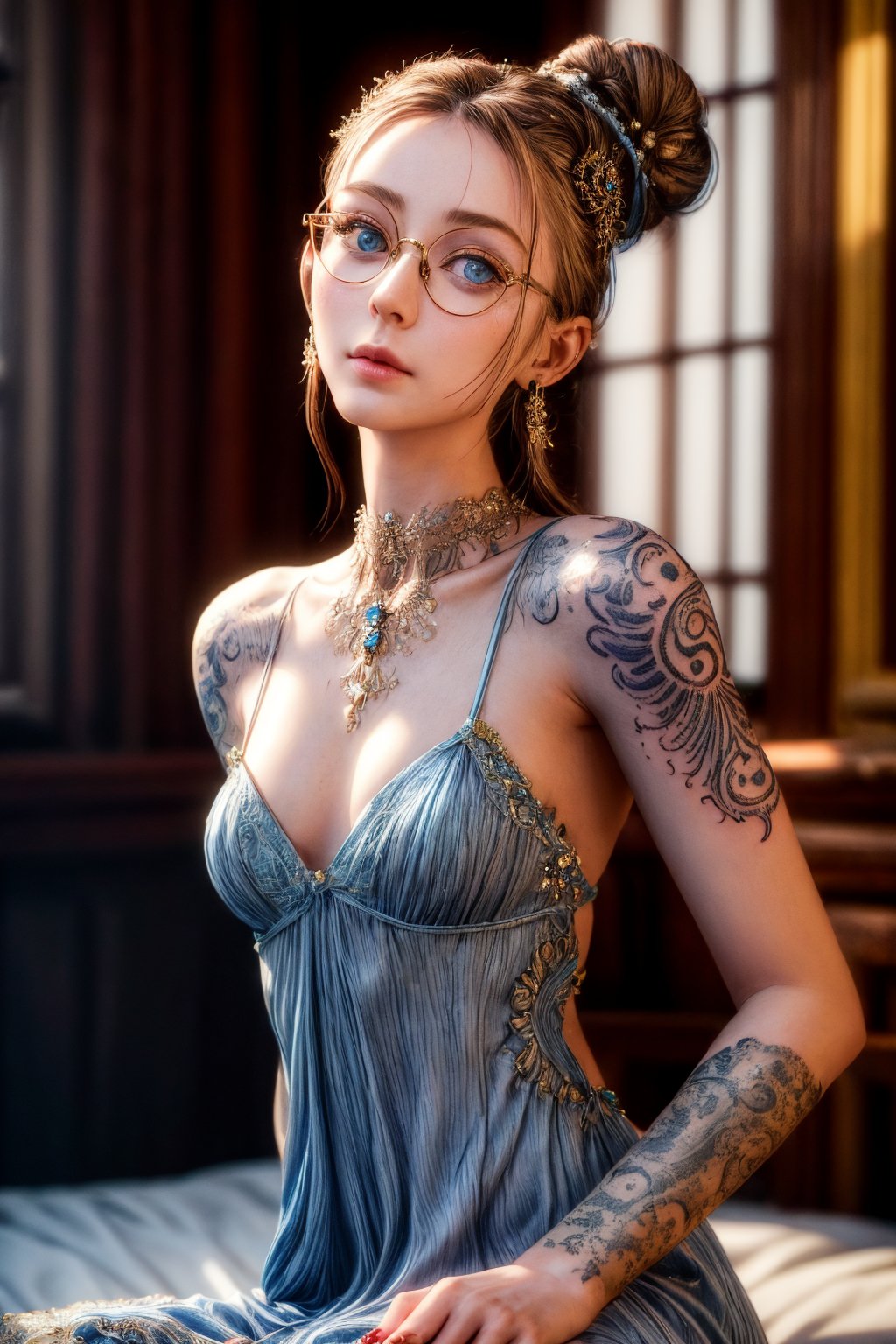 Highly detailed, masterpiece, 1girl, bride braids hair, looking_at_viewer, shy, brush, upper_body, wearing big eyeglasses, spectacles,blue eyes, wearing unstrapped night dress, sharp focus, sitting on bed, bokeh, metal reflection, most beautiful girl, best quality, 3d, 16k, ((very small tatoo on neck:1)), realistic, natural skin, photorealistic, raw photography, real skin, ((27 yrs old:1)), ((one hair bun:1)) , fit