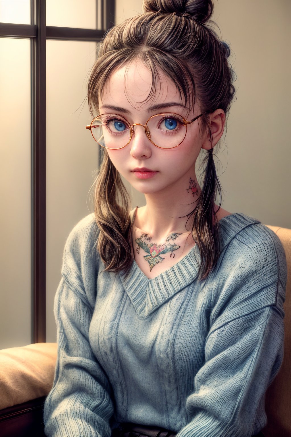 Highly detailed, masterpiece, 1girl, pigtail hair, looking_at_viewer, shy, brush, upper_body, wearing big eyeglasses, spectacles,blue eyes, wearing oversized sweater, sharp focus, sitting on bed, bokeh, metal reflection, most beautiful girl, best quality, 3d, 16k, ((very small tatoo on neck:1)), realistic, natural skin, photorealistic, raw photography, real skin, ((27 yrs old:1)), ((one hair bun:1)) , fit