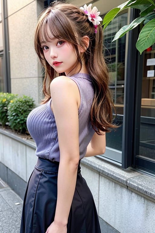 breasts, skirt, purple hair, solo, long hair, large breasts, purple eyes, braid, ass, looking at viewer, braided ponytail, hair ornament, sleeveless, hair flower, black skirt, shirt, outdoors, flower, looking back, bangs, bare shoulders, pencil skirt, from behind, window, thighs, mole under eye, sleeveless shirt, mole, white shirt, blush, bare arms, office lady, very long hair, plant, contemporary, parted lips, miniskirt, single braid, closed mouth, purple flower, pantylines, standing, alternate costume, ribbed shirt,raidenshogundef