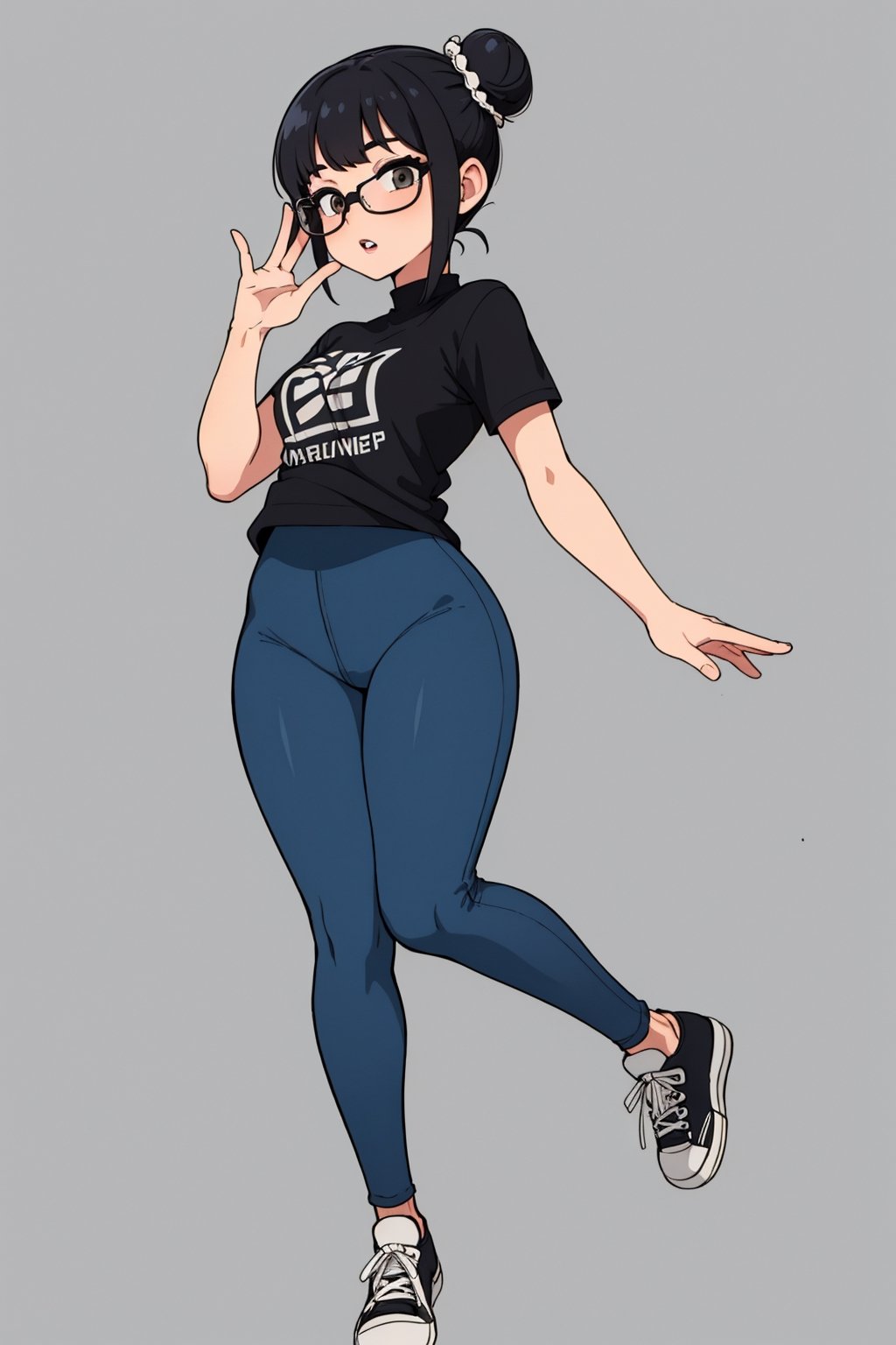 asian girl, slim, fit, sexy, short height, twenty years old, round_glasses, straight_bangs, side-buns hair, wearing black leggins, qi-pao_style_short_shirt, gray_converse_shoes, full_body