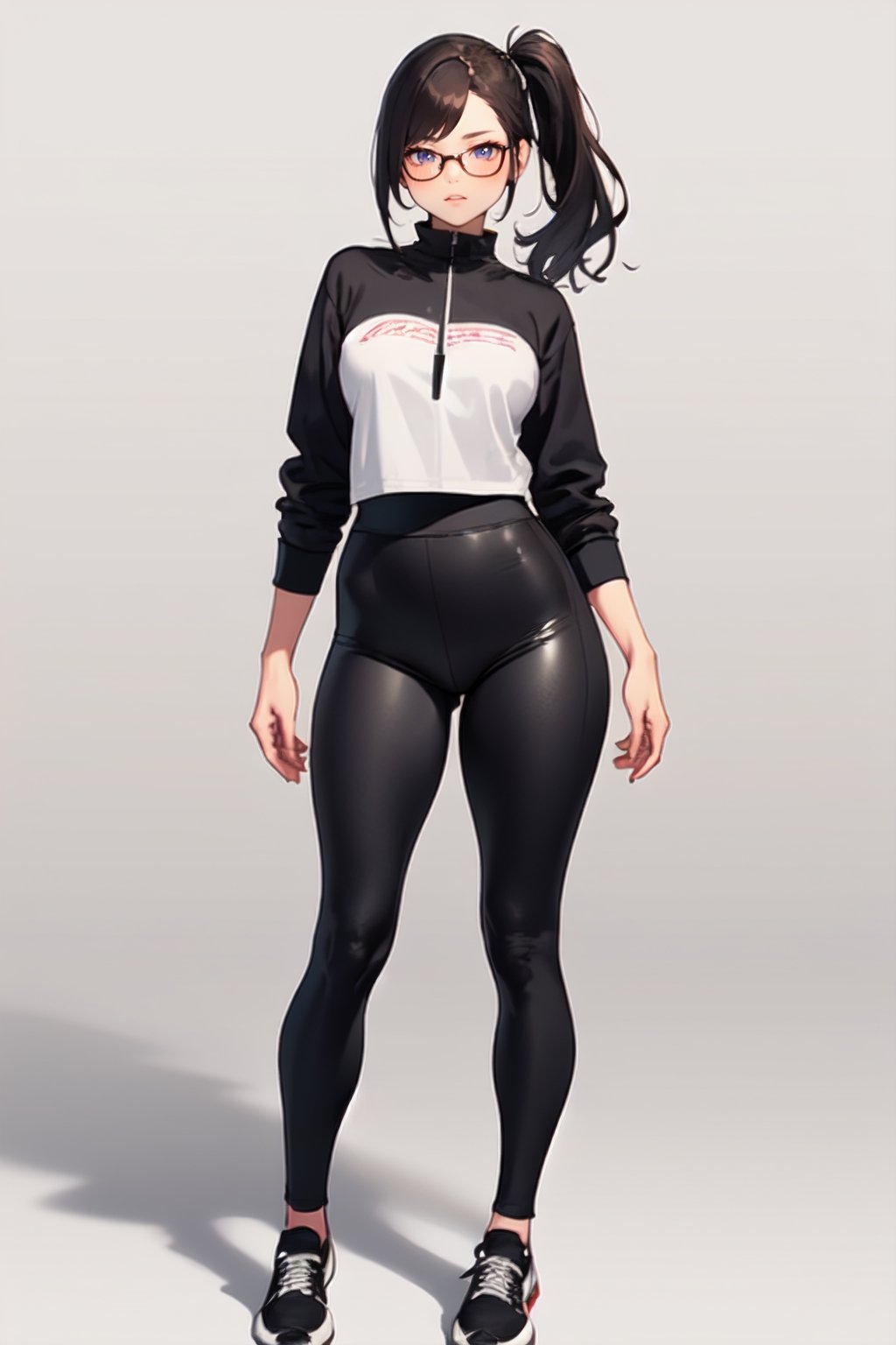 as an slim fit asian woman wearing round glasses standing sexy wearing tight leggins she have straight bangs and a side ponytail,  1girl,  solo,  glasses,  black hair,  looking at viewer,  realistic,  black-framed eyewear,  side-ponytail hair,  full body picture, medium length hair
,Detailedface, ,realhands
