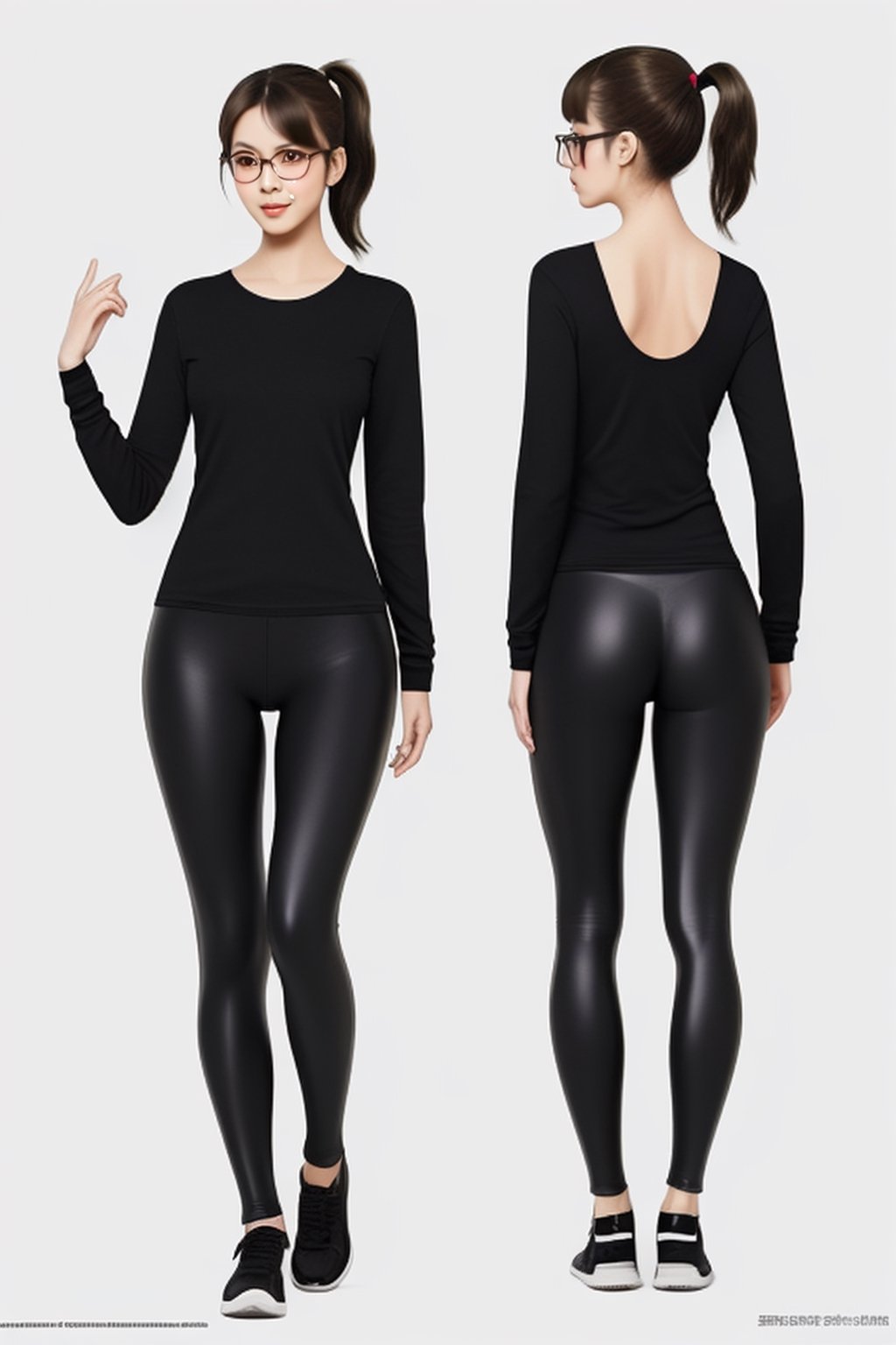 as an slim fit asian woman wearing round glasses standing sexy wearing tight leggins she have straight bangs and a side ponytail,  1girl,  solo,  glasses,  black hair,  looking at viewer,  realistic,  black-framed eyewear,  side-ponytail hair,  full body picture, medium length hair
