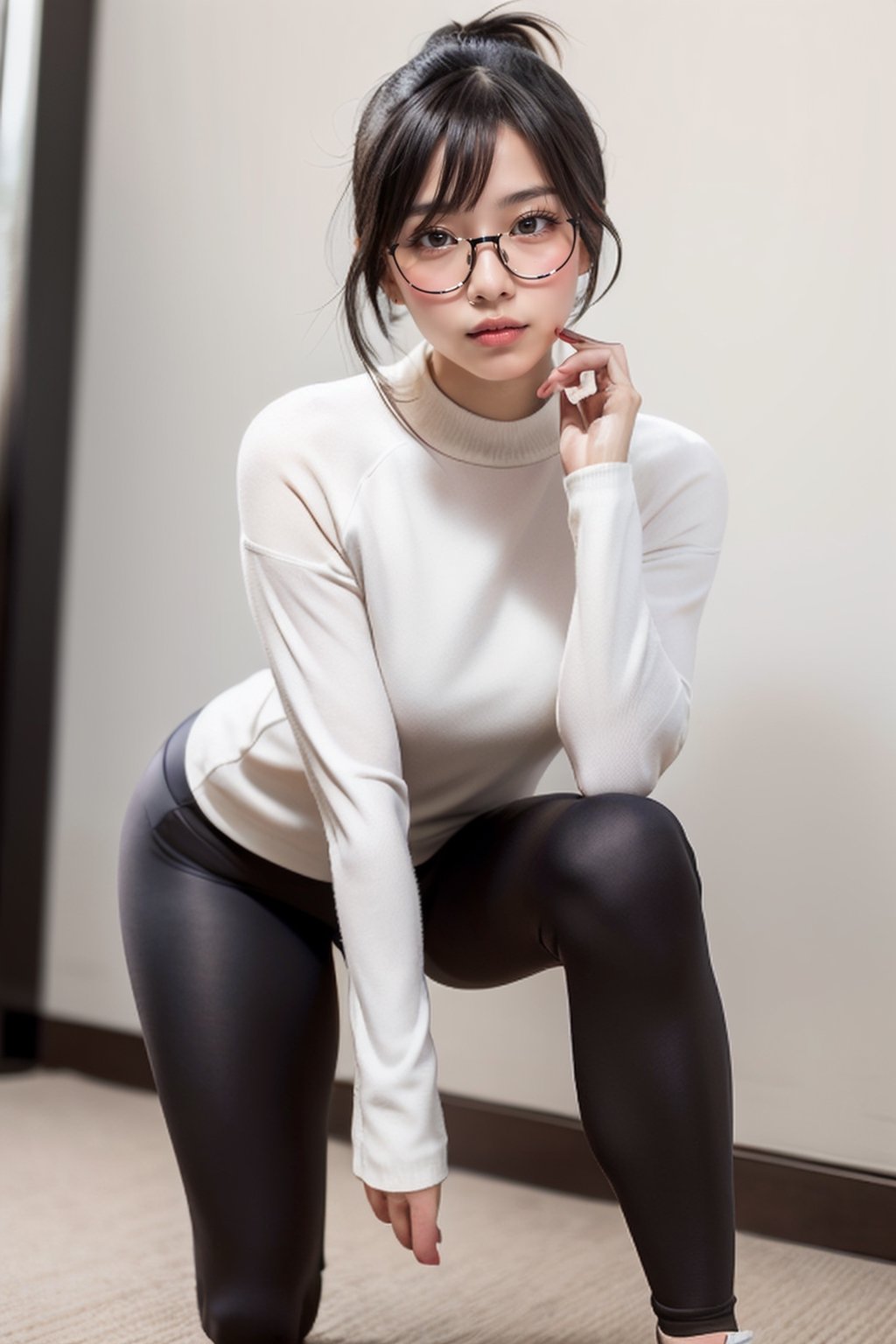 as an slim fit asian woman wearing round glasses standing sexy wearing tight leggins she have straight bangs and a side ponytail,  1girl,  solo,  glasses,  black hair,  looking at viewer,  realistic,  black-framed eyewear,  side-ponytail hair,  full body picture, medium length hair
,Detailedface, 