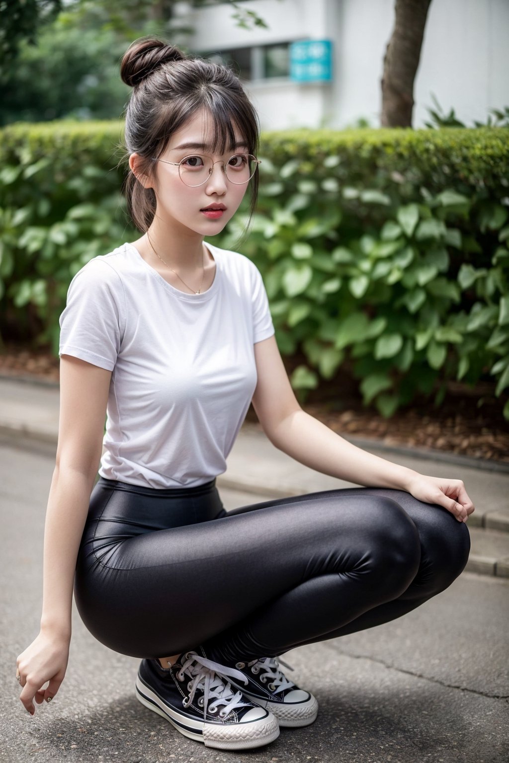 asian girl, slim, fit, sexy, short height, twenty years old, round_glasses, straight_bangs, side-buns hair, wearing black leggins, qi-pao_style_short_shirt, gray_converse_shoes, full_body