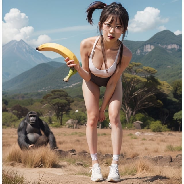 full body, an asian female slim sexy fit with small breast, straight bangs and side ponytail hair, wearing round glasses and leggins and shoes, holding a long banana with one hand, bending the back and Approaching to viewer, next to a gorilla
