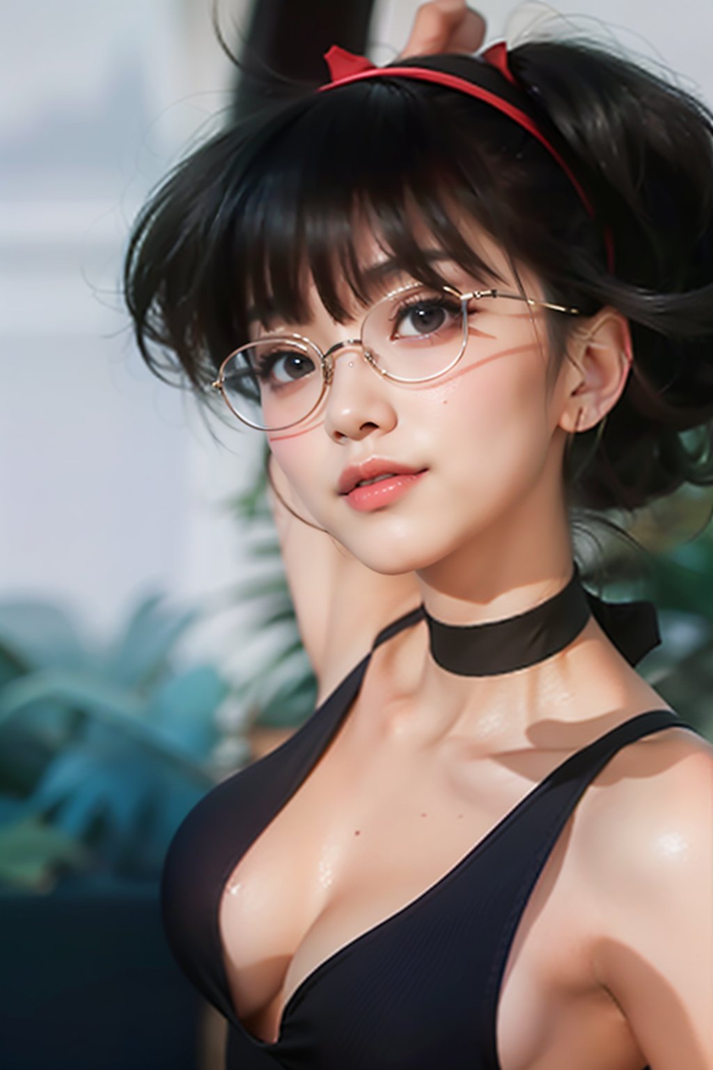 as an slim fit asian woman wearing round glasses standing sexy wearing tight leggins she have straight bangs and a side ponytail,  1girl,  solo,  glasses,  black hair,  looking at viewer,  realistic,  black-framed eyewear,  side-ponytail hair,  full body picture, medium length hair
