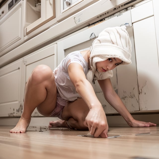 1girl, solo, underwear, panties, barefoot, squatting, towel