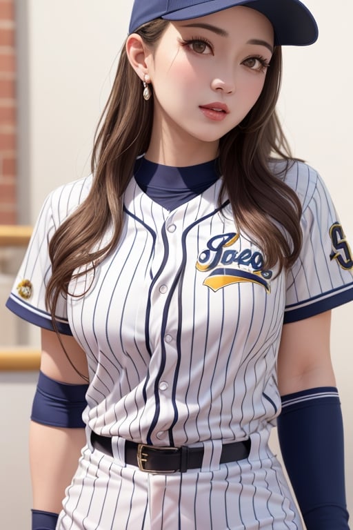 Busty mature woman,(front tied cropped baseball uniforms with cap) cleavage,prefect breasts,best quality,masterpiece, detailed,16k,beautiful detailed face,beautiful detailed eyes,8k,female_solo,prefect body,cowboy shot,pixie cut hair,(prefect face girl),