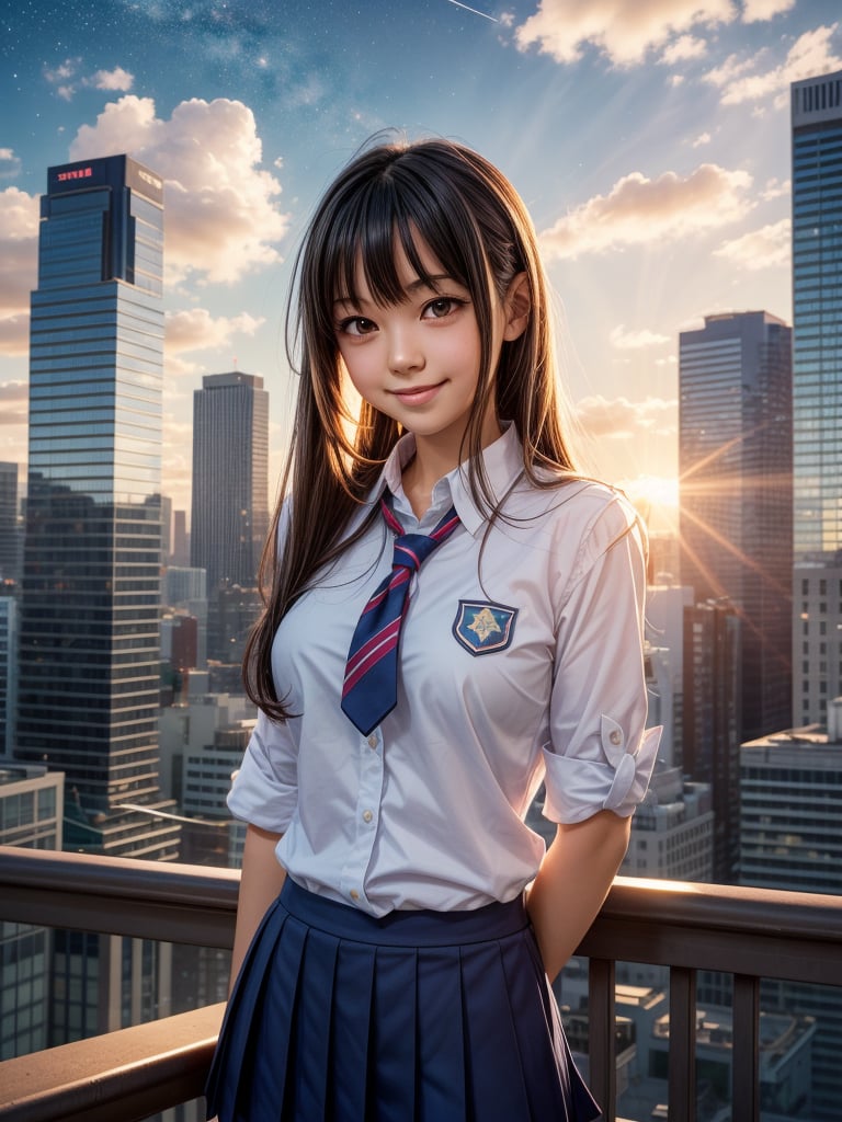 anime, school uniform,silhouette,1 busty cute face light smile girl, star (sky), cloud, cityscape, building, city, outdoors, skyscraper, city lights, night, night sky, sunset, skyline