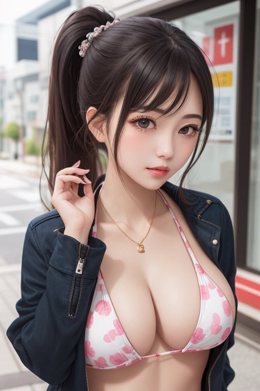 Busty cute girl,summer jacket with bikini and miniskirt,japanese street,(2 hands tying the hair),best quality,masterpiece, detailed,16k,beautiful detailed face,beautiful detailed eyes,8k,female_solo,prefect body,full body shot,ponytail,(prefect face girl),solo girl,